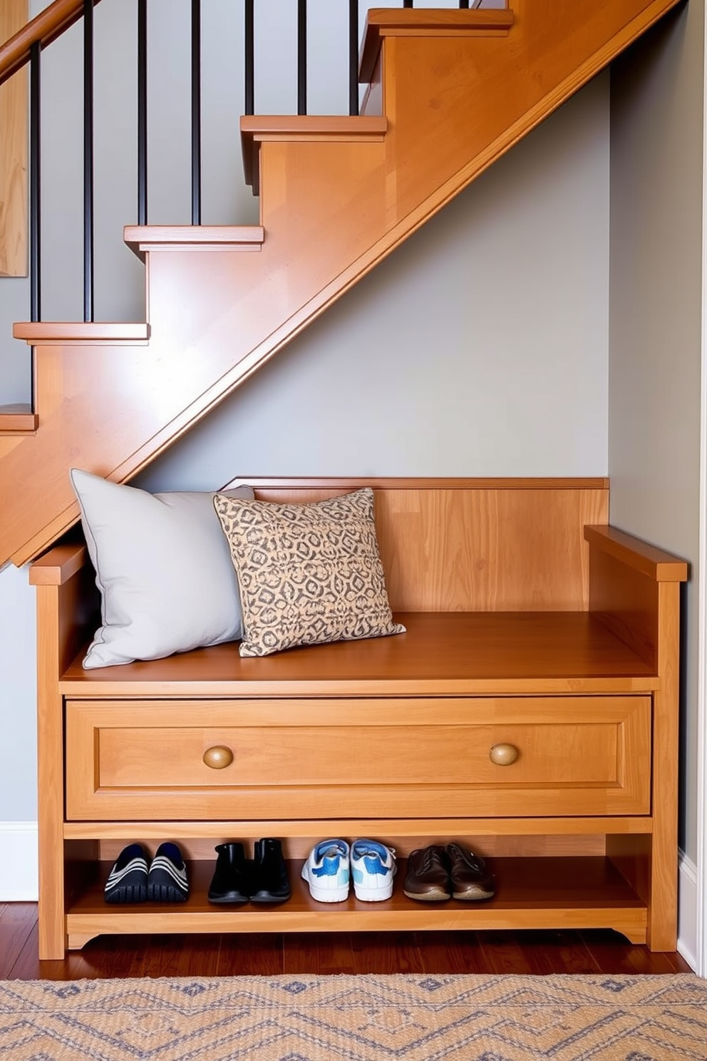 A cozy bench is positioned under the staircase, featuring soft cushions for comfort and a warm wood finish. Beneath the bench, there is ample storage space for shoes and other items, enhancing both functionality and style.