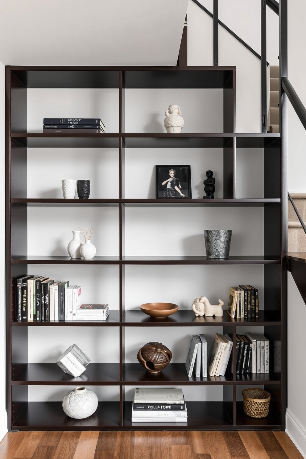 Sleek modern shelving designed to fit perfectly under the staircase. The shelves are made of dark wood with a glossy finish, showcasing a curated collection of decor items and books.