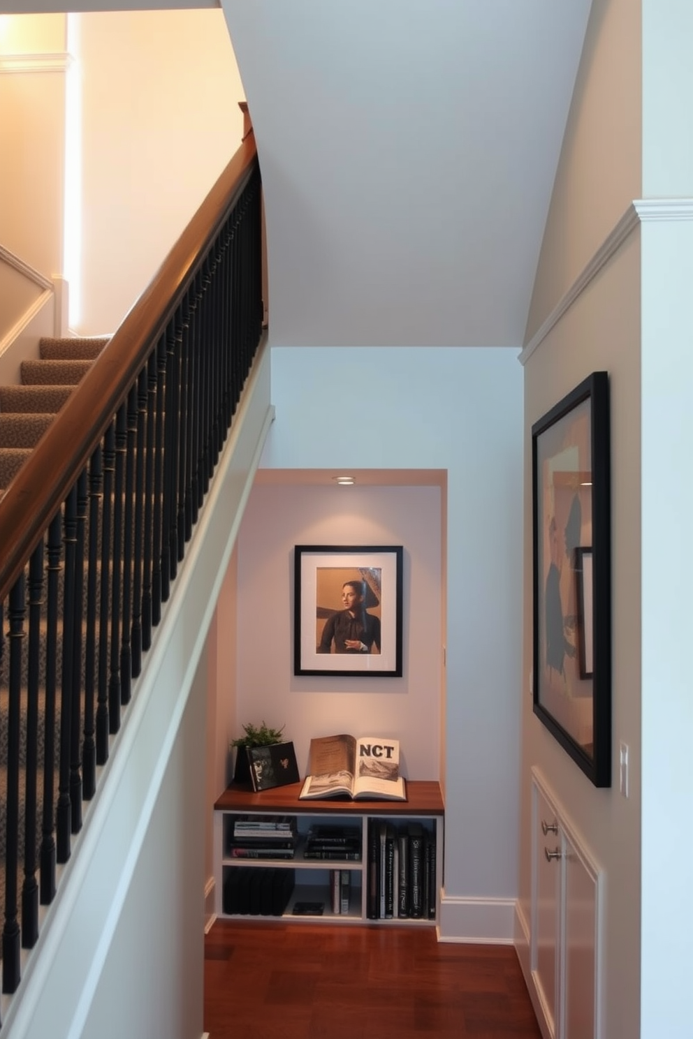 Transformative lighting for ambiance. Soft warm lights are strategically placed to create a cozy atmosphere, highlighting architectural features and artwork. Under Staircase Design Ideas. A functional nook is created with built-in shelves and a small reading area, complemented by ambient lighting to enhance the space.