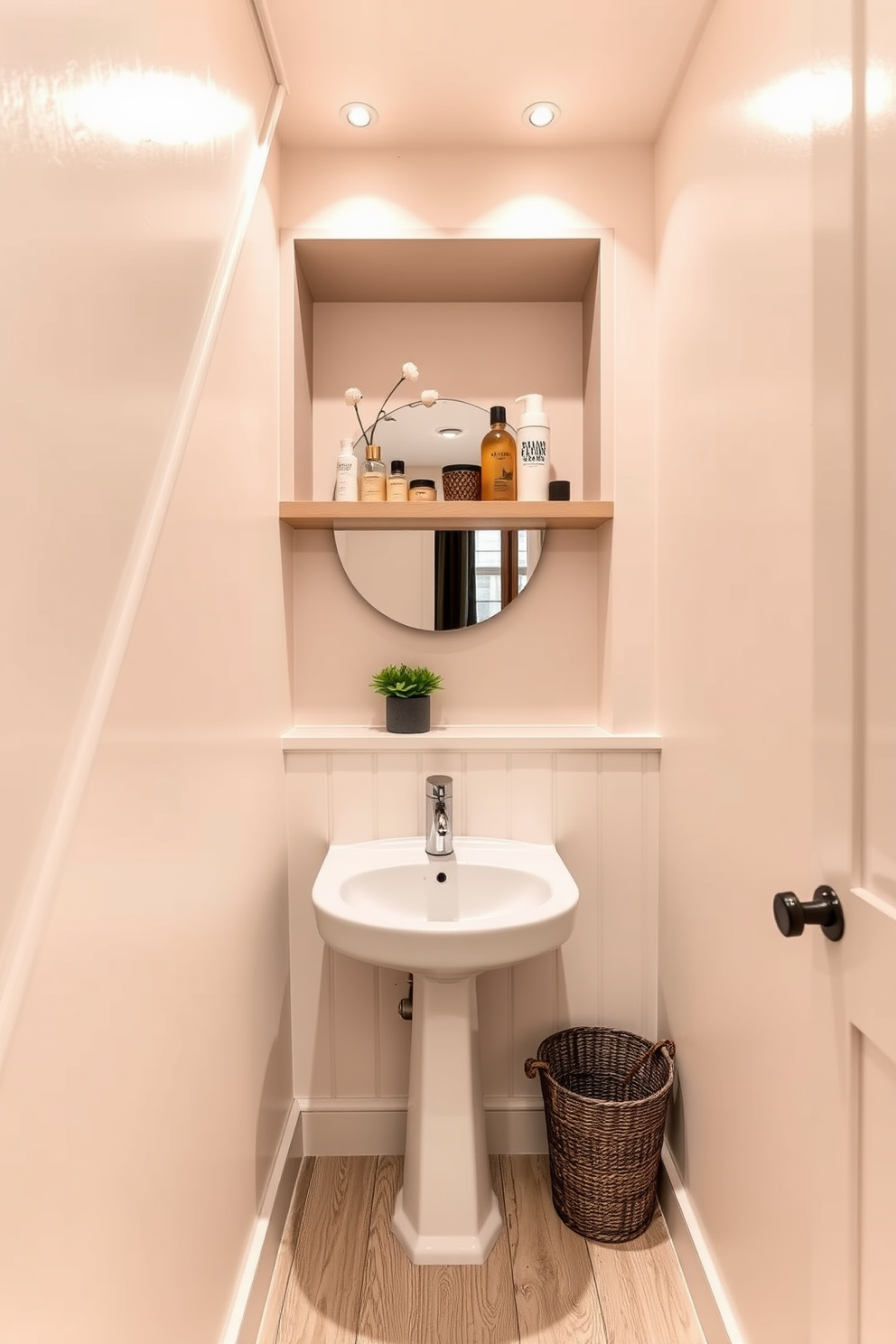 A cozy small bathroom tucked away under the staircase features a compact corner sink with a sleek faucet and a round mirror above it. The walls are painted in a soft pastel color, and the floor is adorned with light wooden planks to enhance the sense of space. To maximize storage, a built-in shelving unit is installed above the sink, displaying neatly arranged toiletries and decorative items. A small potted plant adds a touch of greenery, while warm lighting fixtures create a welcoming ambiance in this unique space.