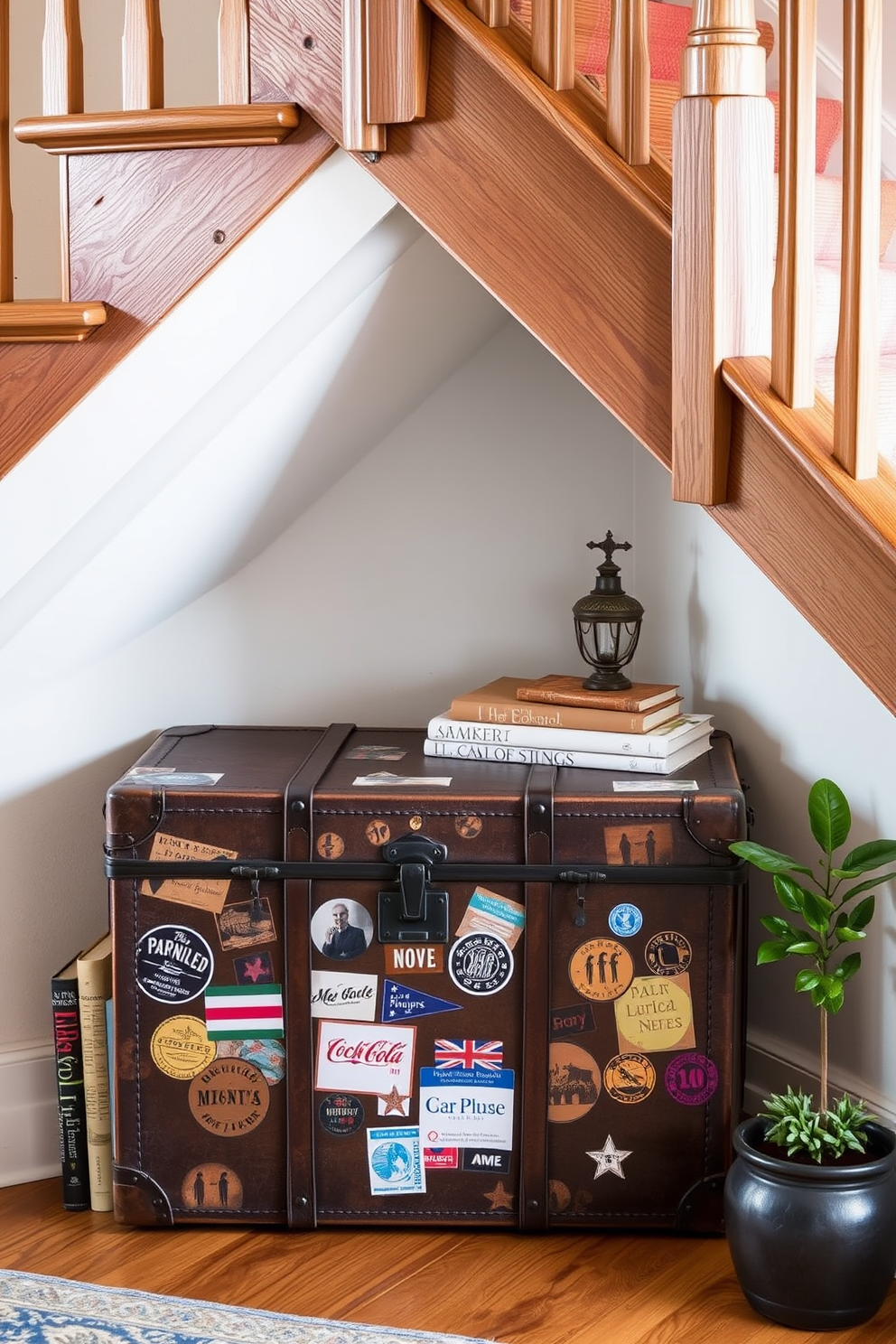 A vintage trunk is placed under the staircase, serving as a unique storage solution that adds character to the space. The trunk is adorned with travel stickers and leather straps, complementing the rustic wooden staircase above. The area is enhanced with soft lighting that highlights the trunk's textures and creates a cozy nook. Surrounding the trunk, a few decorative books and a small potted plant bring warmth and charm to the design.