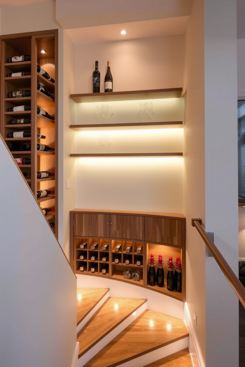 A stylish wine storage display is integrated into the staircase design, featuring custom wooden shelving that showcases various wine bottles and glasses. The area is illuminated with soft, warm lighting to create an inviting ambiance, while the staircase itself has a sleek, modern railing that complements the overall aesthetic.