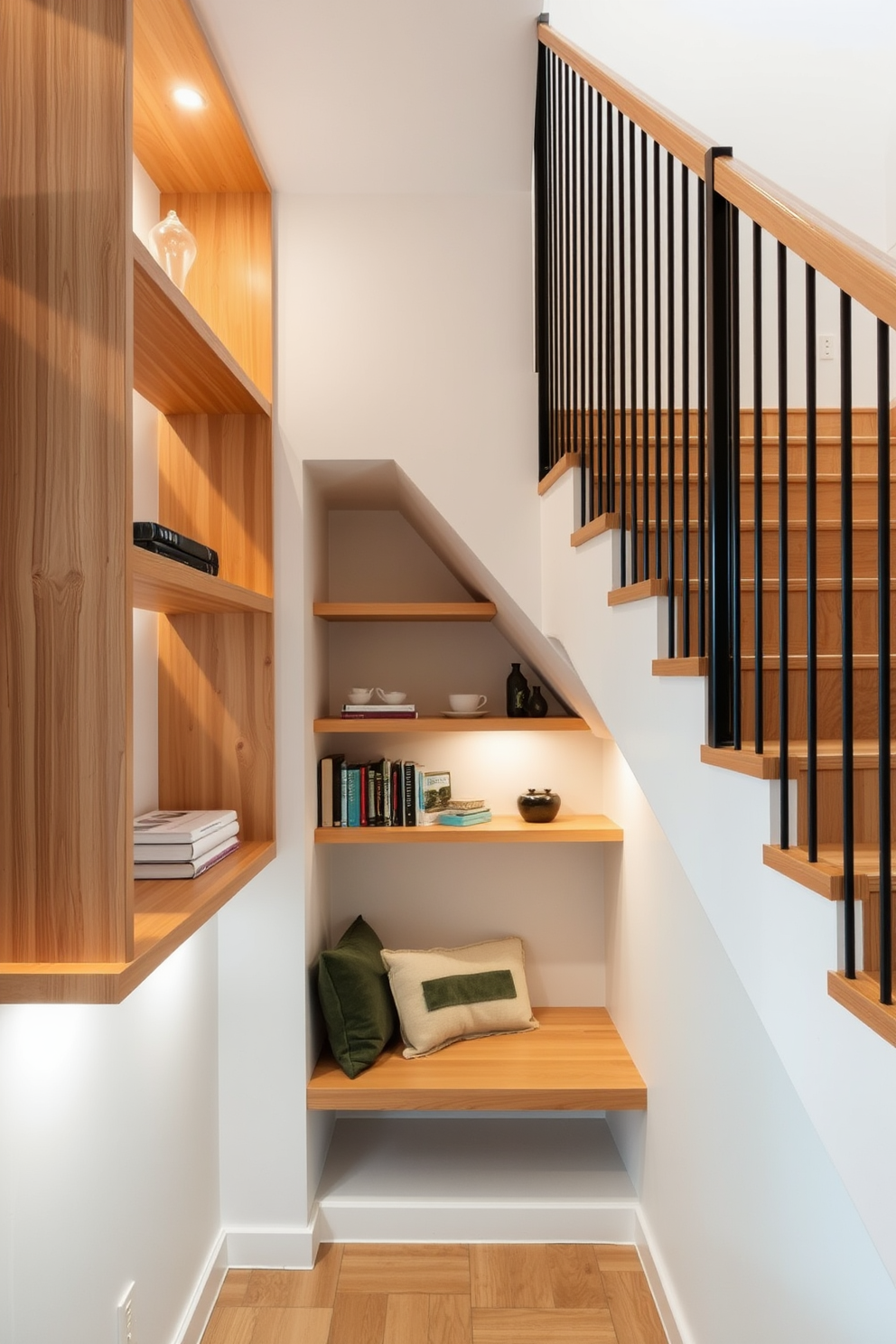 Floating shelves create a sleek and minimalist aesthetic that maximizes vertical space while keeping the area uncluttered. The shelves are crafted from light wood, showcasing a natural finish that complements the surrounding decor. Under the staircase, a cozy reading nook is designed with a built-in bench and soft cushions. The space is illuminated by warm lighting, creating an inviting atmosphere for relaxation and enjoyment.