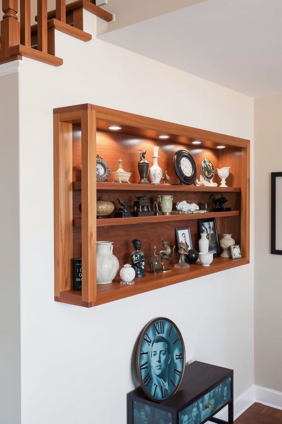 Artisan display for collectibles. A beautifully crafted wooden shelf is built into the wall under the staircase, showcasing a curated selection of unique collectibles and art pieces.