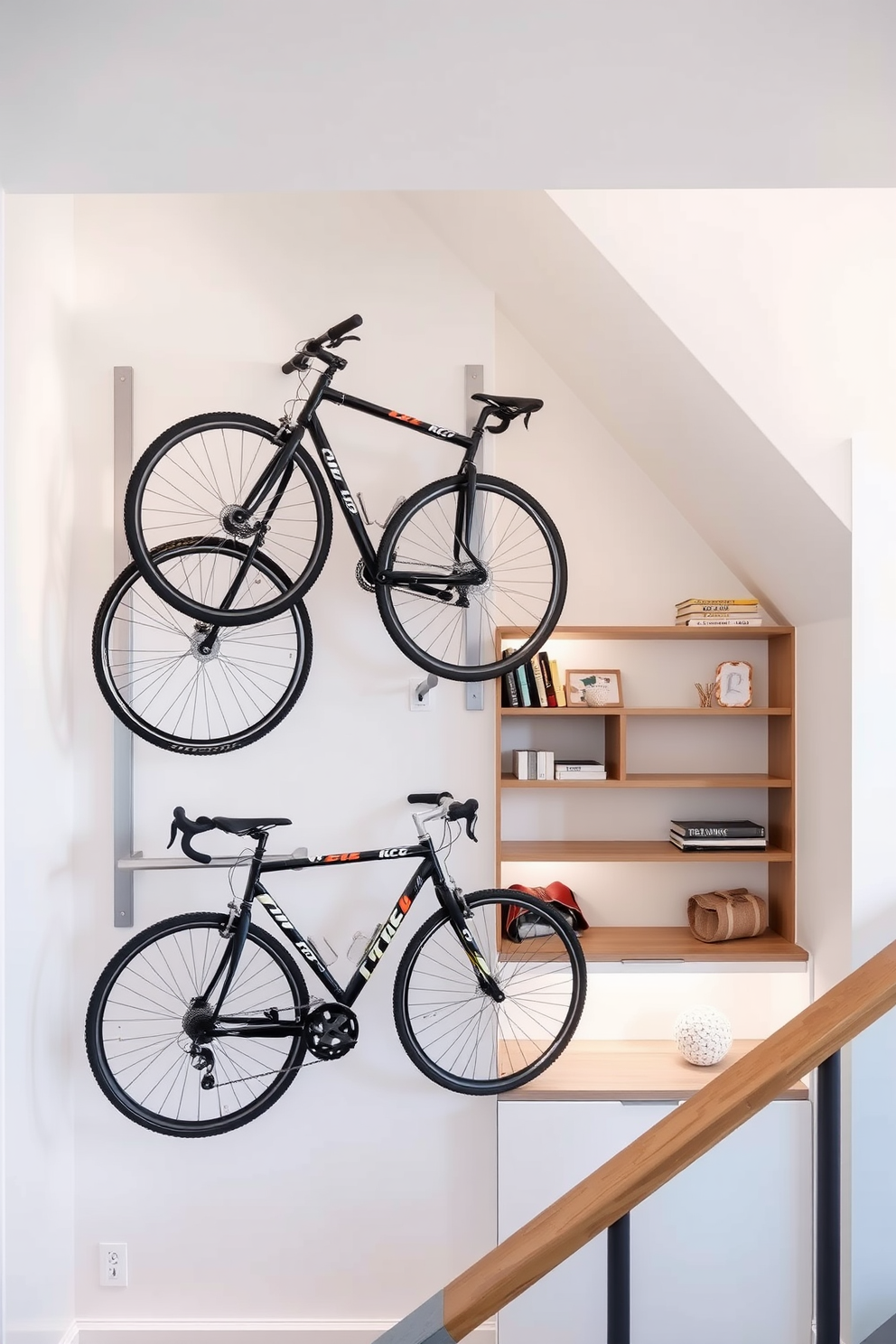 A modern wall-mounted bike storage solution featuring sleek metal brackets that securely hold bicycles in an organized manner. The wall is painted in a bright white color, enhancing the visibility of the bikes while maintaining a clean and minimalist aesthetic. An innovative under staircase design that incorporates built-in shelving and a cozy reading nook. Soft lighting illuminates the space, creating an inviting atmosphere while maximizing storage and functionality.