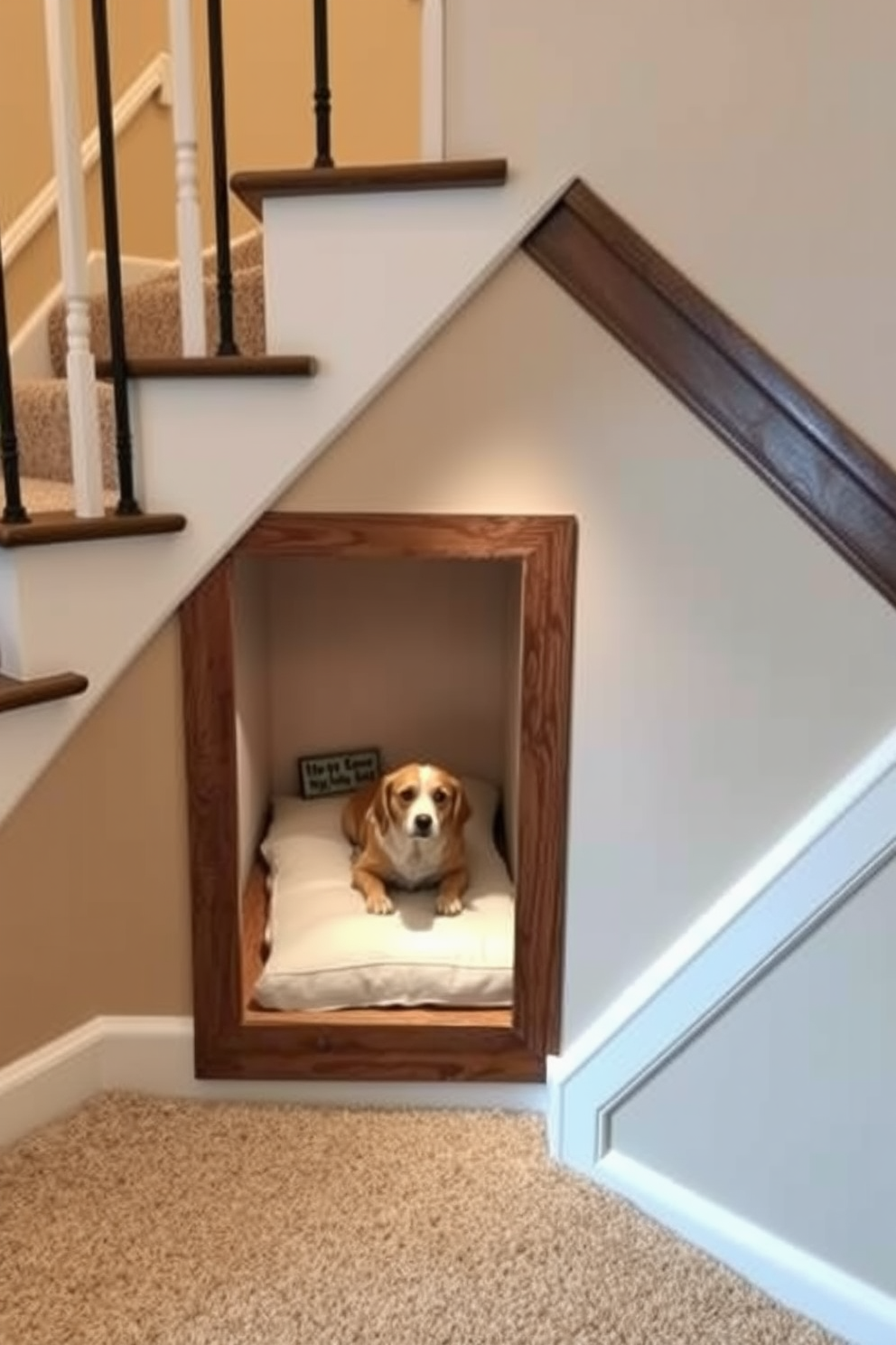 A cozy under stair dog house designed for pets nestled within a stylish staircase. The space features a wooden frame with a soft cushion inside, complemented by a small decorative sign that adds a personal touch. The walls are painted in a warm neutral tone, creating a welcoming atmosphere. Soft lighting illuminates the area, making it a perfect retreat for furry friends.