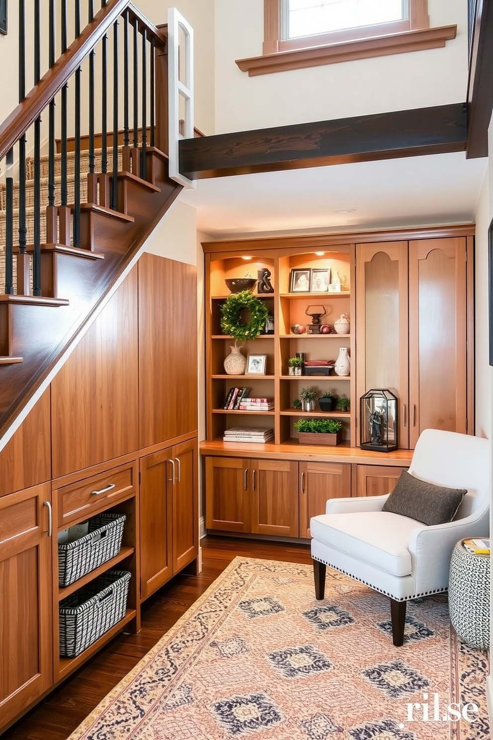 Seasonal decor storage for holidays. A stylish storage solution is integrated under the staircase, featuring custom-built cabinets with a warm wood finish. Under staircase design ideas. The area is transformed into a cozy reading nook with built-in shelves, a comfortable chair, and soft lighting to create an inviting atmosphere.