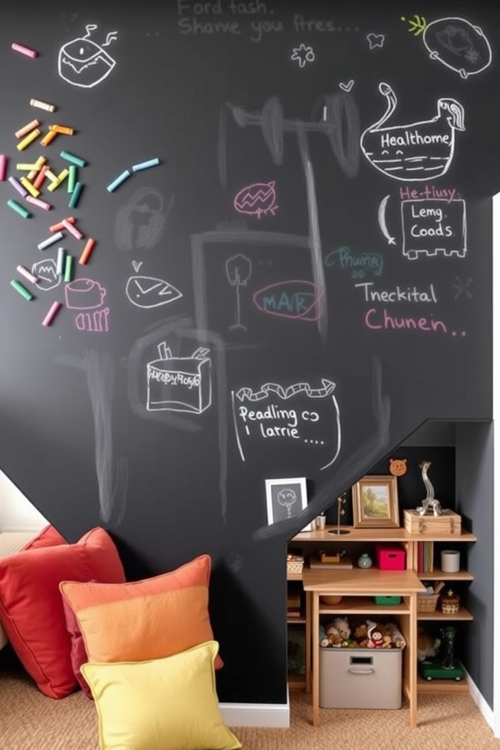 A vibrant interactive chalkboard wall for kids features a large black surface that encourages creativity and learning. Colorful chalks and playful drawings adorn the wall, while a cozy reading nook with cushions is set up nearby. An innovative under staircase design incorporates storage solutions and playful elements. The space is transformed into a mini play area with shelves for toys and a small desk for arts and crafts.