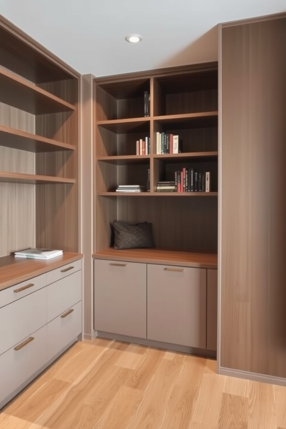 Custom cabinetry for tailored storage. The design features sleek wooden shelves and drawers that seamlessly blend with the surrounding walls, maximizing space and functionality. Under staircase design ideas. The area is transformed into a cozy nook with built-in bookshelves and a small seating area, creating a perfect retreat in an otherwise unused space.