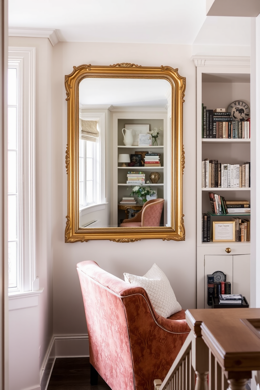 Elegant mirror for spacious feel A large, ornate mirror is mounted on the wall opposite a window, reflecting natural light and creating an illusion of a larger space. The frame of the mirror is a brushed gold finish, complementing the soft neutral tones of the room. Under Staircase Design Ideas A cozy reading nook is created beneath the staircase, featuring built-in shelves filled with books and decorative items. A comfortable armchair upholstered in a rich fabric is placed next to a small side table, perfect for a cup of tea or coffee.