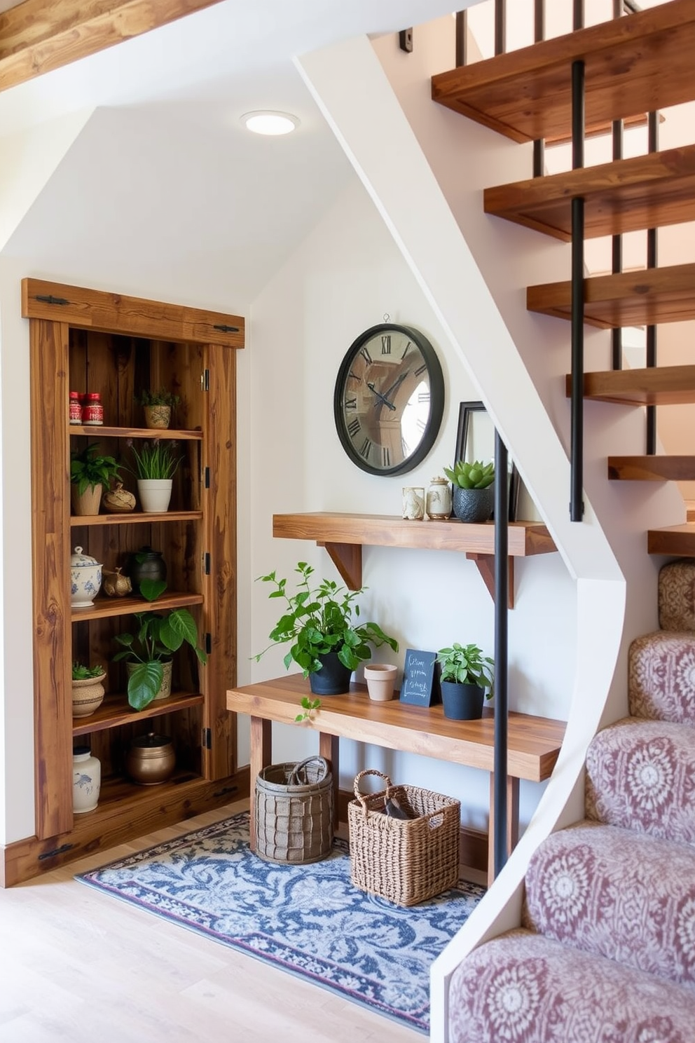 A cozy under staircase nook featuring rustic wood accents that add warmth and charm. The space includes built-in shelving made of reclaimed wood, adorned with plants and decorative items, creating a welcoming atmosphere.