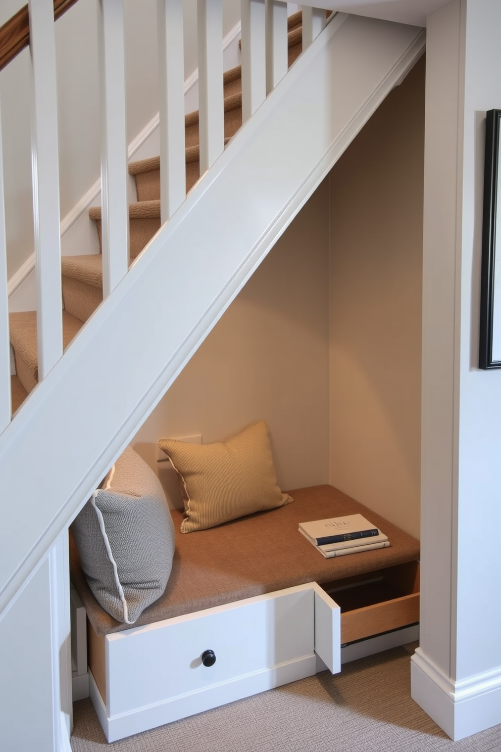 A cozy under staircase nook featuring hidden pull-out drawers for convenient storage. The space is adorned with soft lighting and a plush cushion, creating an inviting reading corner.