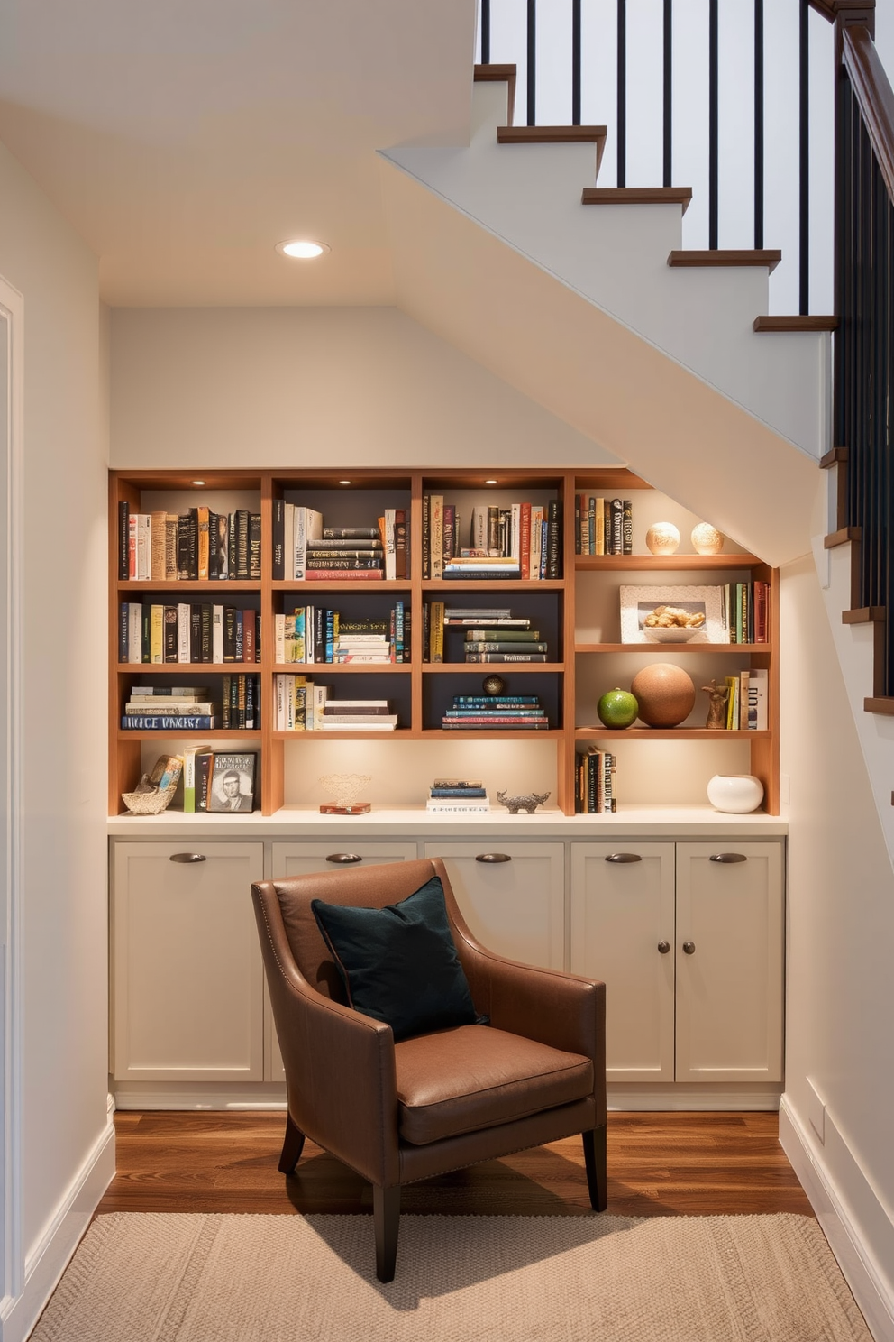 A cozy nook featuring built-in bookshelves seamlessly integrated into the wall under the staircase. The shelves are filled with an array of books and decorative items, creating an organized yet inviting atmosphere. Soft lighting illuminates the space, highlighting the rich wood finish of the shelves. A comfortable armchair sits nearby, providing a perfect reading spot beneath the staircase.