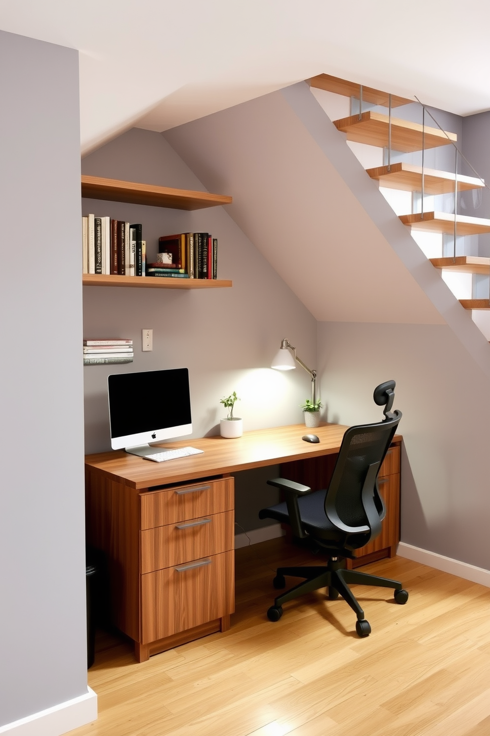 A cozy home office is nestled under the staircase, featuring a sleek wooden desk and a comfortable ergonomic chair. The walls are painted in a soft gray hue, and shelves filled with books and decorative items line the space above the desk. A stylish pendant light illuminates the area, while a small potted plant adds a touch of greenery. The flooring is a warm hardwood, creating an inviting atmosphere for productivity and creativity.