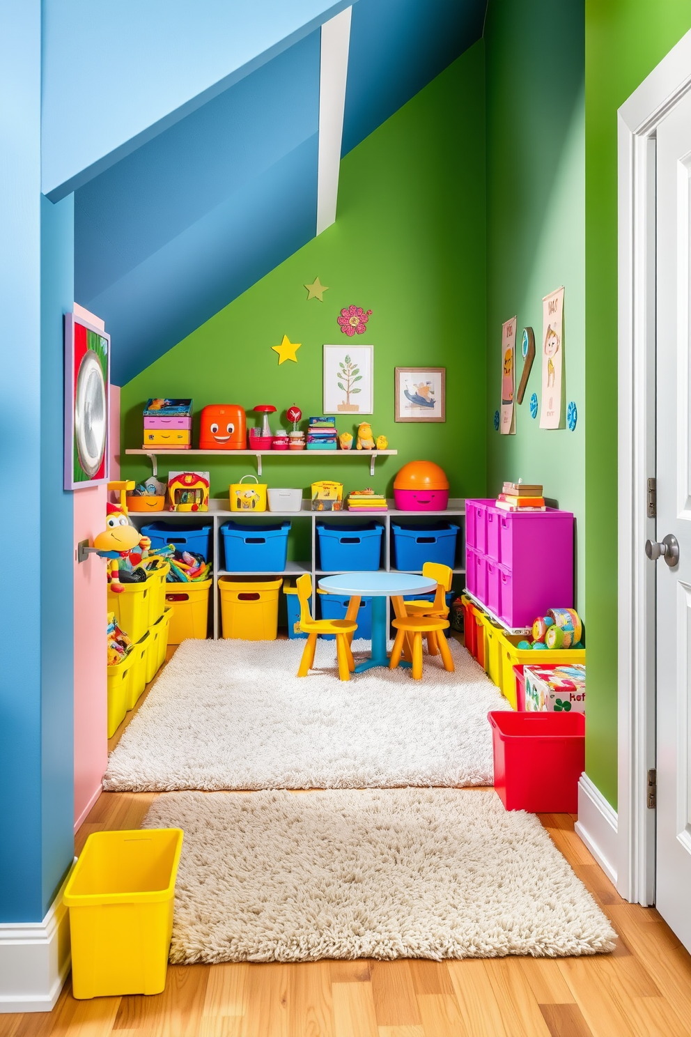 A vibrant kids' play area filled with colorful toys is nestled beneath the staircase. The walls are painted in cheerful hues, and a soft, plush rug covers the floor to create a cozy space for playtime. Brightly colored storage bins are organized neatly to hold various toys, while a small table with chairs invites creative activities. Whimsical wall art and playful decorations add to the fun atmosphere, making it a delightful retreat for children.