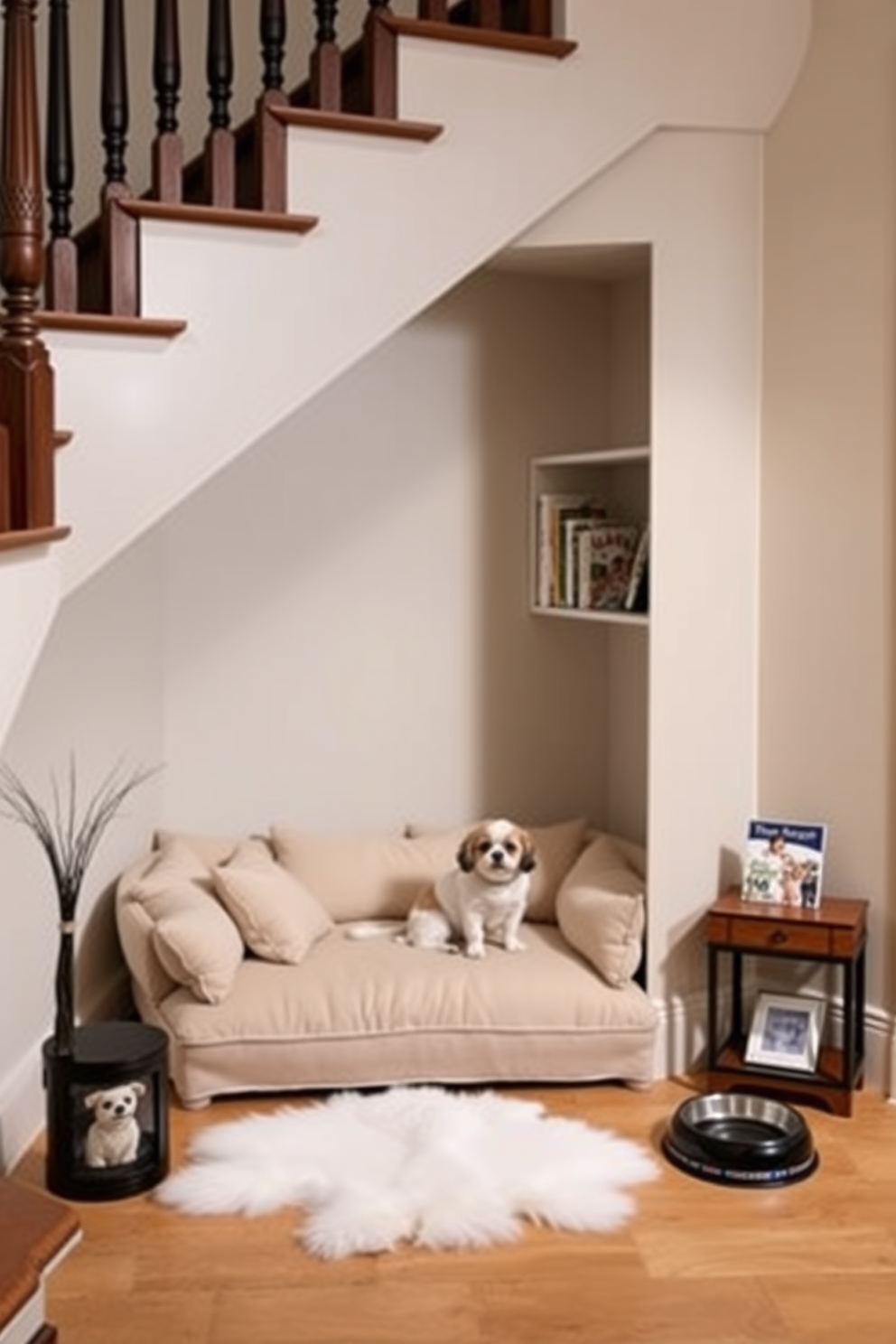 An elegant pet corner is designed under the staircase featuring a plush bed with soft cushions. The area is enhanced with decorative elements like a small bookshelf filled with pet care books and a stylish food and water bowl set.