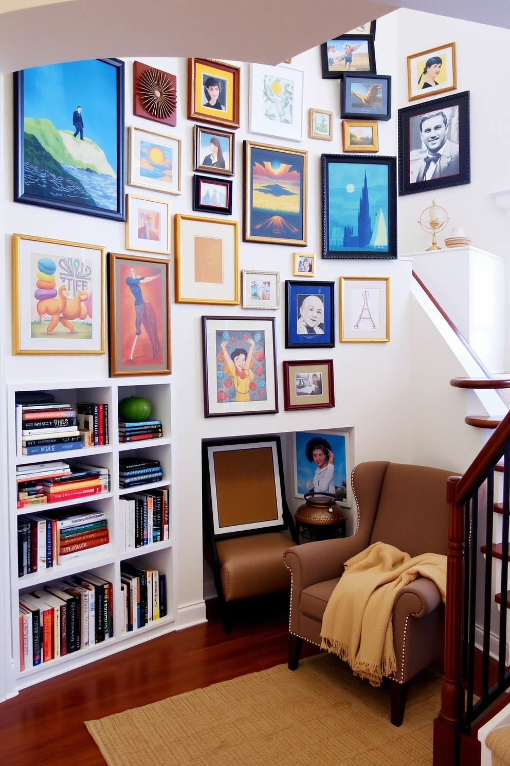 A decorative gallery wall featuring an eclectic mix of framed artwork in various sizes and styles. The wall is painted in a soft white hue, allowing the colors of the artwork to pop and create a vibrant focal point in the room. Under the staircase, a cozy reading nook is created with built-in shelves lined with books and decorative items. A plush armchair is positioned against the wall, accompanied by a small side table and a warm throw blanket for added comfort.