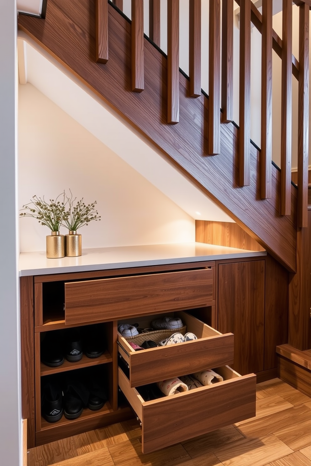 A stylish under staircase area featuring hidden shoe storage with sleek drawers. The design incorporates warm wood finishes and soft ambient lighting to create an inviting atmosphere.