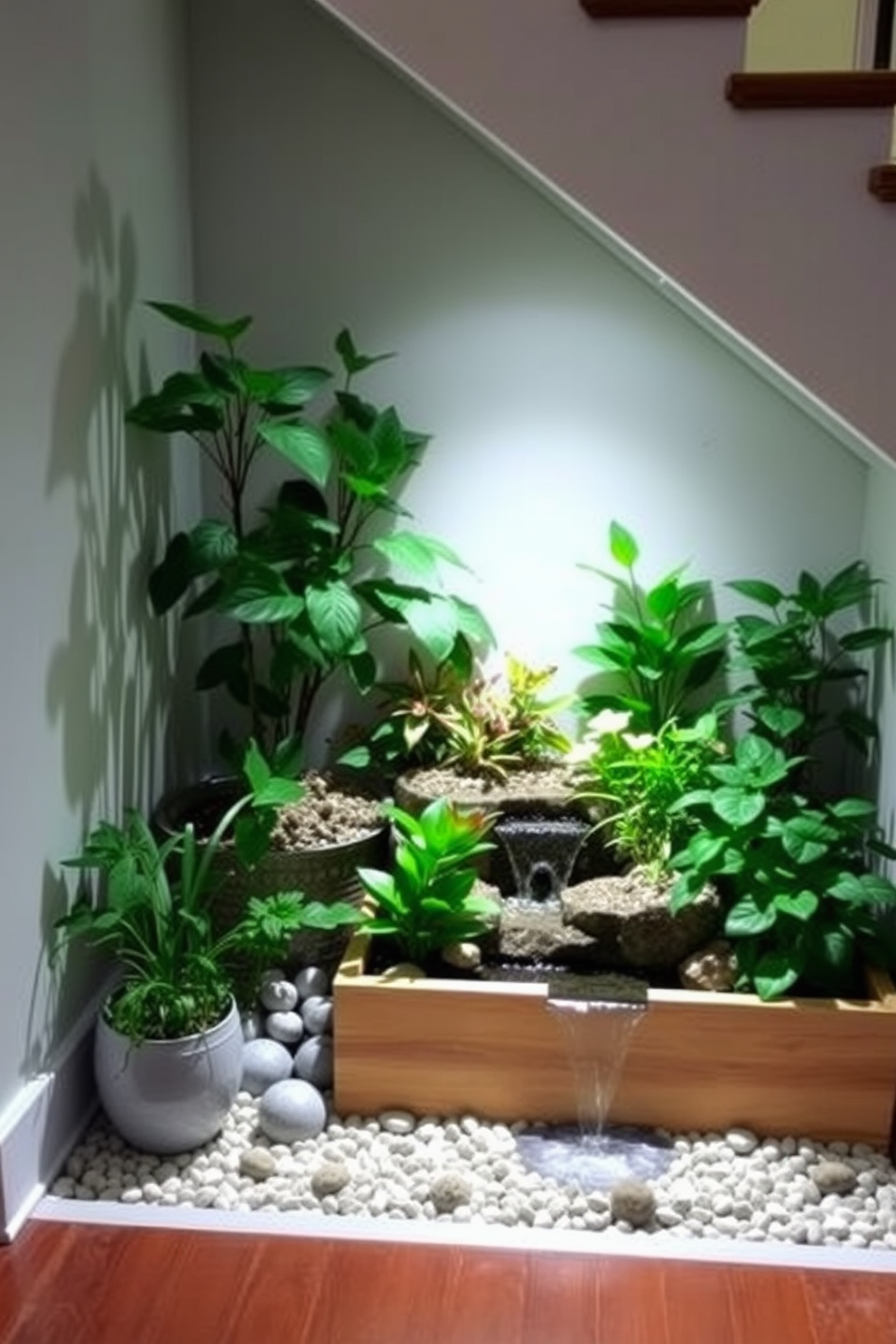 A cozy miniature indoor garden is nestled beneath the staircase, featuring an assortment of vibrant plants in various sizes. Soft lighting illuminates the space, highlighting the lush greenery and creating a tranquil atmosphere. The area is adorned with small decorative stones and a wooden planter box, enhancing the natural feel of the garden. A gentle waterfall feature adds a soothing sound, making this under-staircase design a serene retreat within the home.