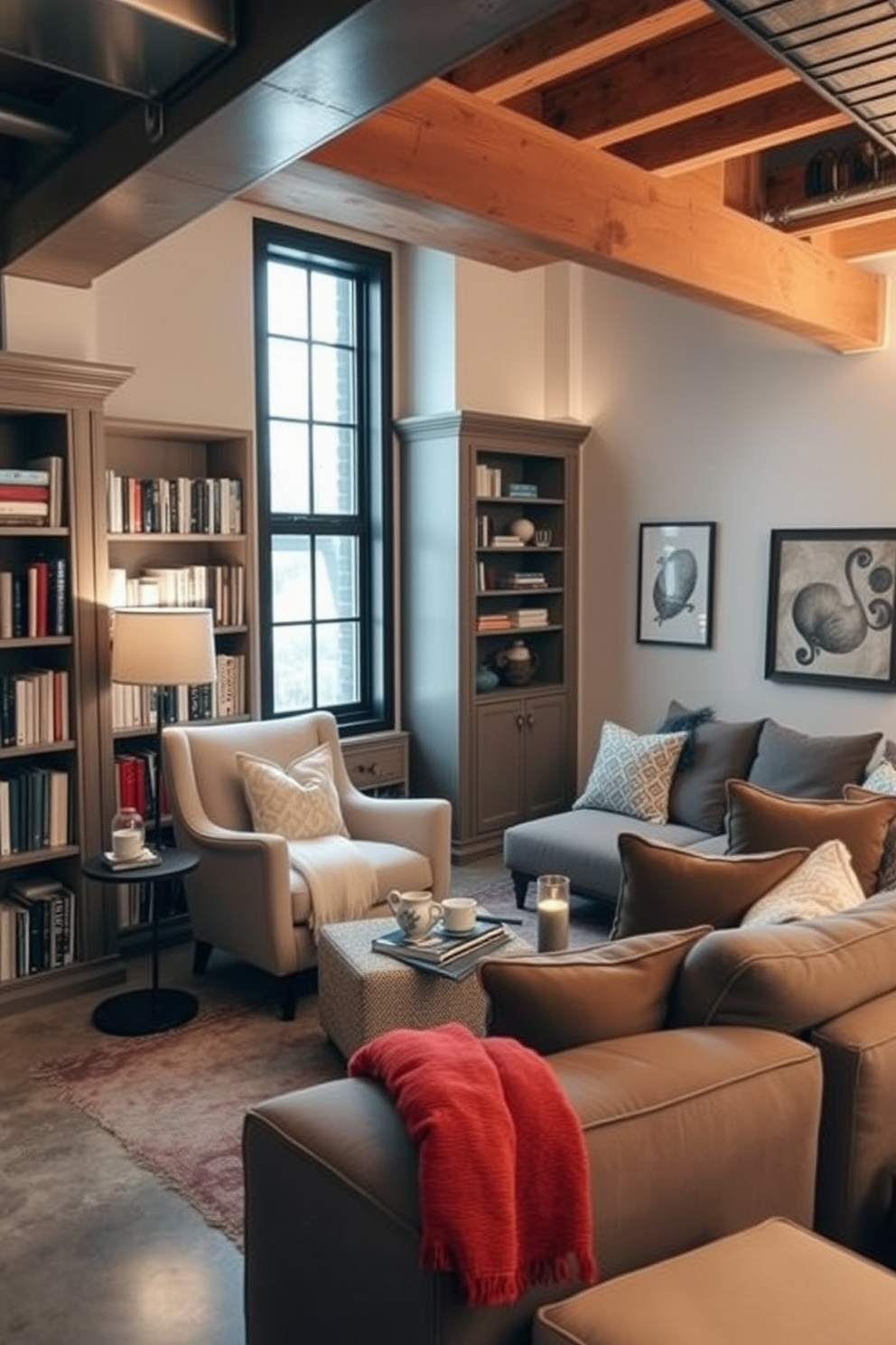 Cozy reading nook with built-in shelves. A plush armchair is positioned next to a large window, allowing natural light to fill the space. Soft throw blankets and a variety of books are neatly arranged on the built-in shelves that surround the nook. A small side table holds a steaming cup of tea and a stylish lamp for evening reading. Unfinished basement design ideas. The space features exposed beams and concrete floors, creating an industrial feel. A sectional sofa is arranged to create a cozy lounge area, while a small kitchenette is tucked into one corner for convenience. Accent lighting highlights the unique architectural features, making the basement feel inviting and functional.