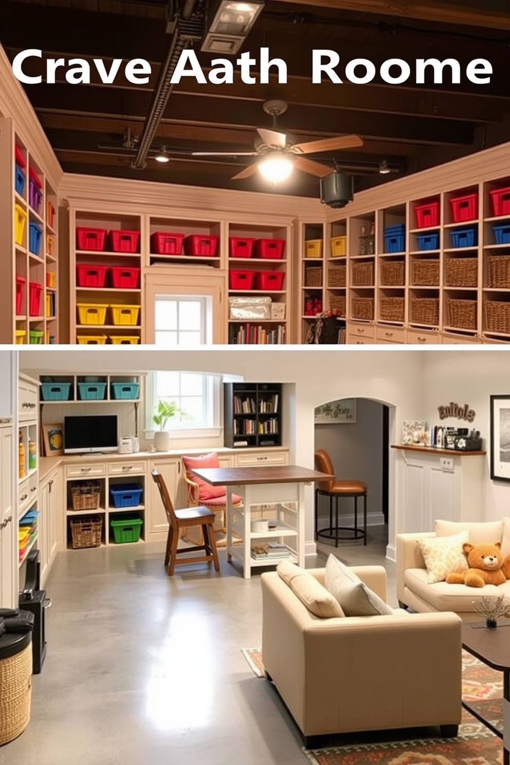 Create a craft room with ample storage. The room features built-in shelves filled with colorful bins and baskets, a large work table in the center, and a cozy reading nook by the window. Unfinished basement design ideas include creating a multifunctional space with a lounge area and a small bar. The walls are painted in a light neutral color, and the floor is finished with polished concrete for a modern look.