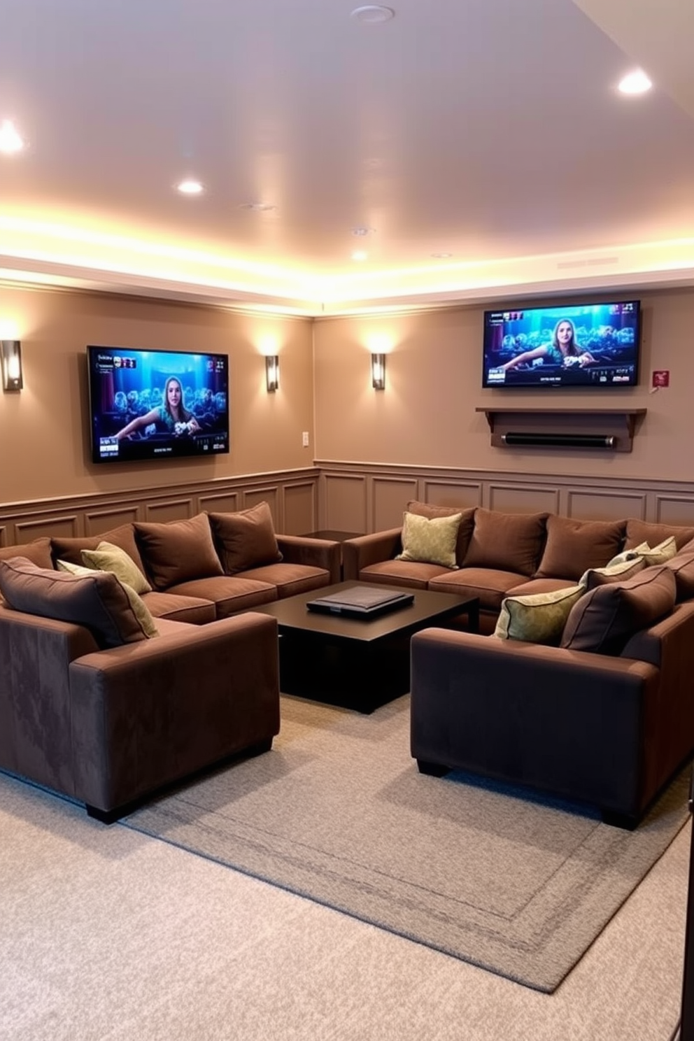 Build a game room with comfortable seating. The space features plush sectional sofas arranged around a large coffee table, with a wall-mounted TV for gaming and entertainment. Unfinished basement design ideas can transform the area into a cozy retreat. Incorporate soft lighting, warm colors, and versatile furniture to create an inviting atmosphere.