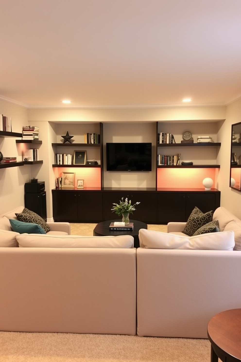 Chic home office with built-in bookshelves. The room features a sleek desk positioned in front of large windows, allowing natural light to flood the space. Unfinished basement design ideas. The area is transformed into a cozy lounge with comfortable seating and ambient lighting, creating an inviting atmosphere for relaxation.