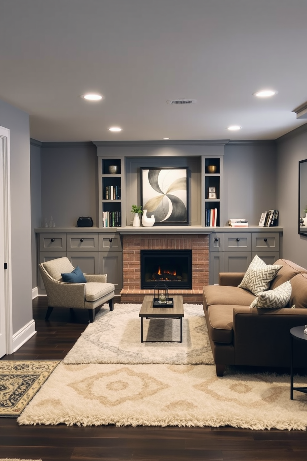 A stylish unfinished basement featuring a cozy fireplace as the focal point. The walls are painted in a soft gray, and the floor is adorned with plush area rugs to create a warm atmosphere. In one corner, there's a comfortable seating area with a sectional sofa and a coffee table. The fireplace is surrounded by built-in shelves displaying books and decorative items, enhancing the inviting ambiance.