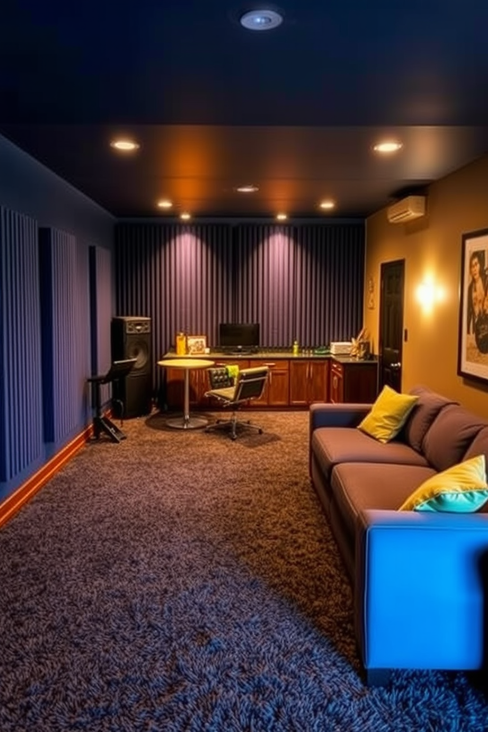 Creative music room with soundproofing. The room features acoustic panels on the walls and a cozy seating area with plush sofas. Unfinished basement design ideas. The space is transformed into a multifunctional area with a home theater setup and a small bar for entertaining guests.