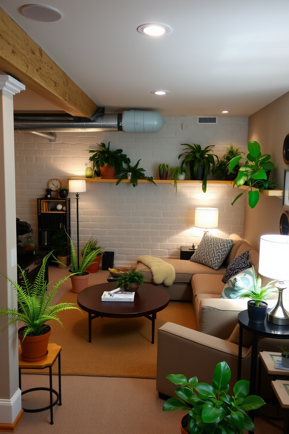 A cozy unfinished basement transformed into a multifunctional space. The area features a comfortable seating arrangement with a large sectional sofa and a coffee table, surrounded by warm lighting from stylish floor lamps. Incorporate indoor plants throughout the space for a fresh and vibrant atmosphere. A few potted ferns and succulents are strategically placed on shelves and side tables, adding a touch of greenery to the design.