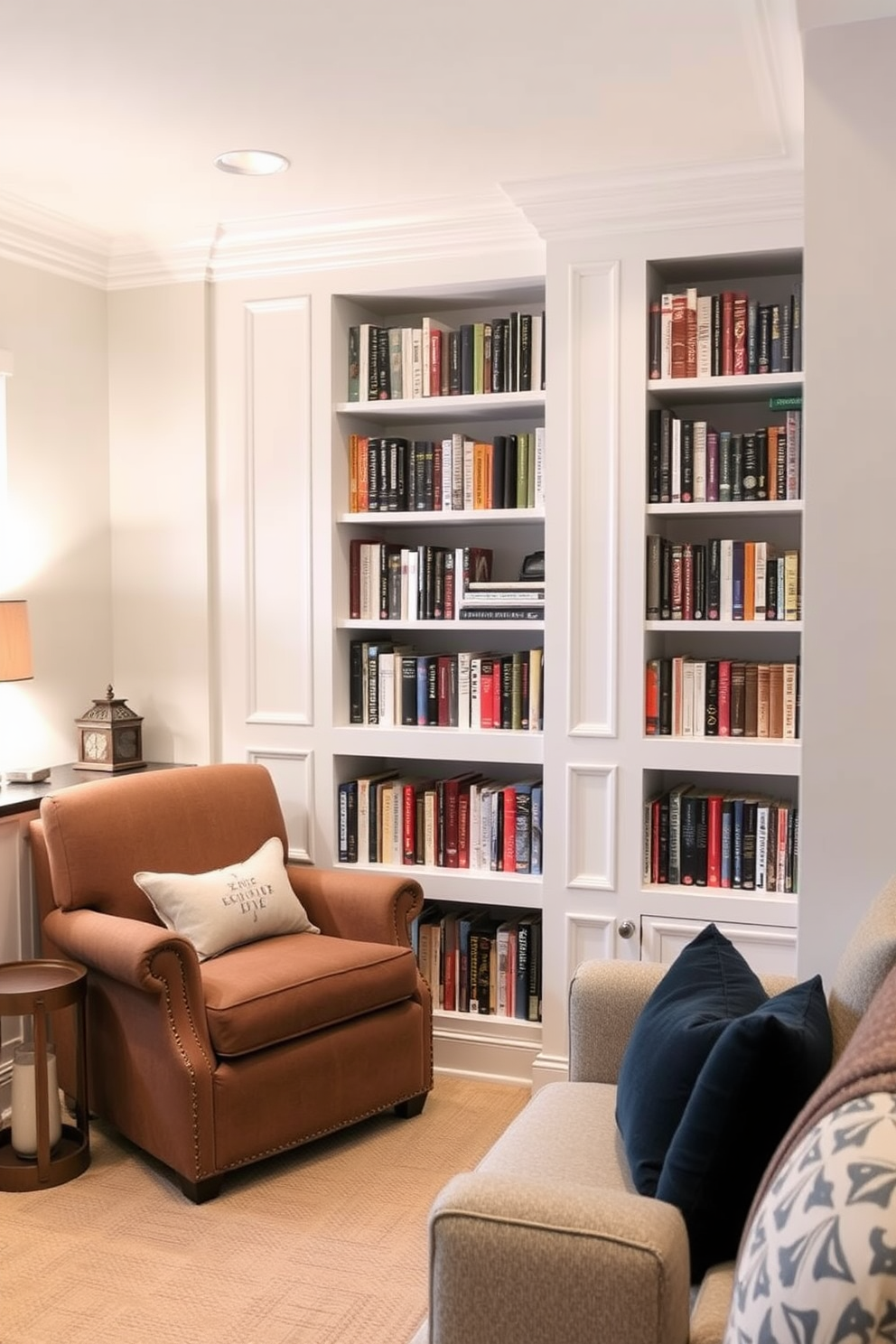 Create a mini library with cozy seating. The space features built-in bookshelves filled with a variety of books and a comfortable armchair in a warm fabric. Unfinished basement design ideas include a multifunctional space with a cozy lounge area and a small kitchenette. The walls are painted in a light color to brighten the area, and soft lighting creates an inviting atmosphere.