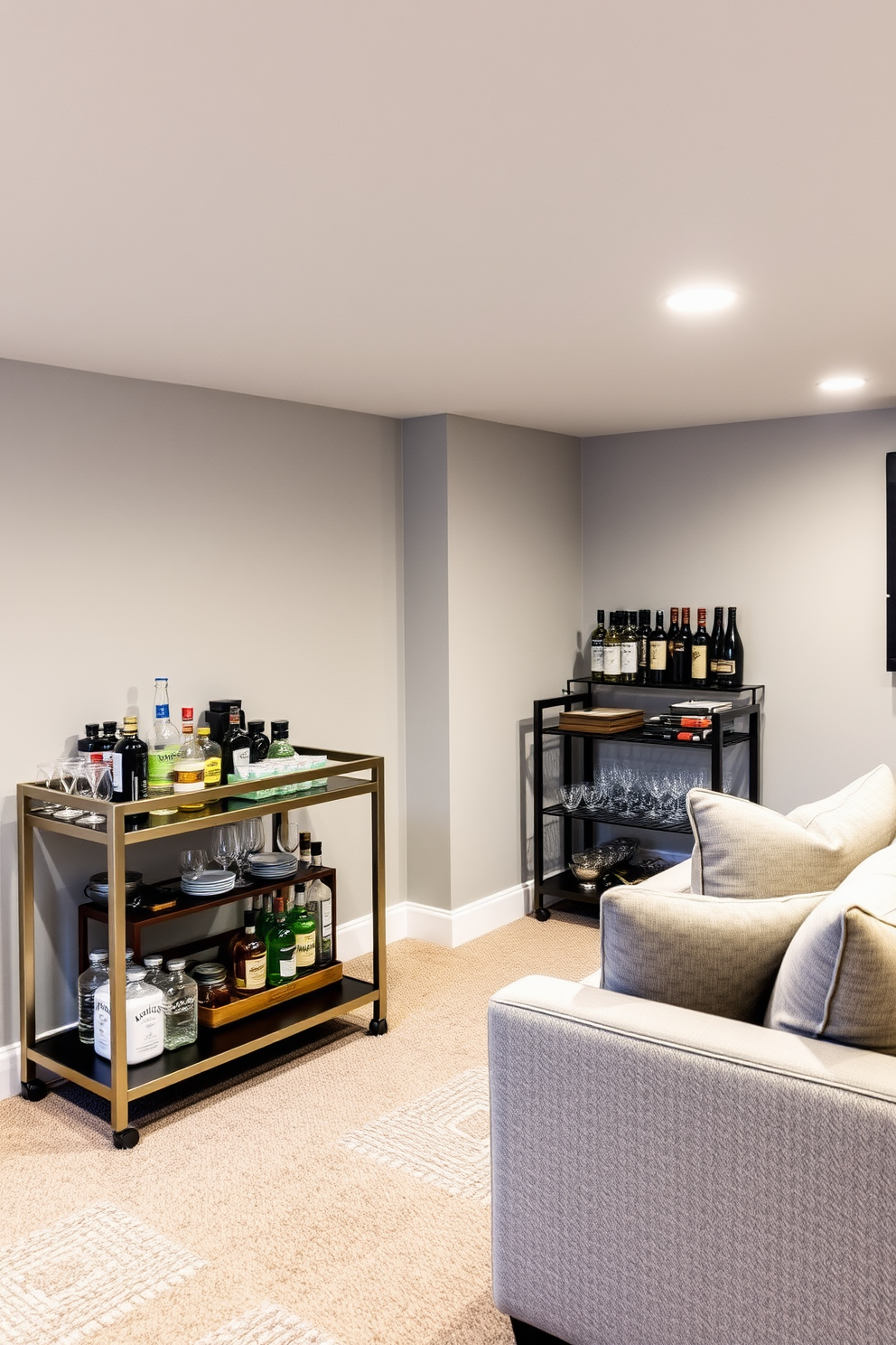 A stylish unfinished basement designed as a cozy entertainment area. A sleek bar cart is positioned against one wall, stocked with an array of spirits and glassware, while comfortable seating arrangements invite relaxation and socializing.