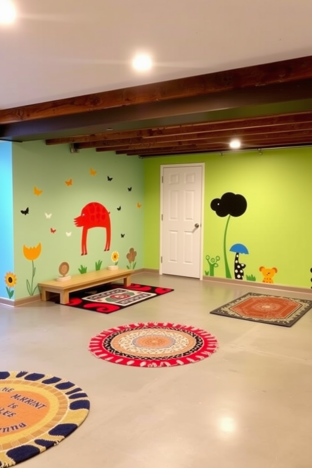 A playful unfinished basement design featuring vibrant wall decals that add a whimsical touch to the space. The flooring is a polished concrete with colorful area rugs scattered throughout for comfort and style.