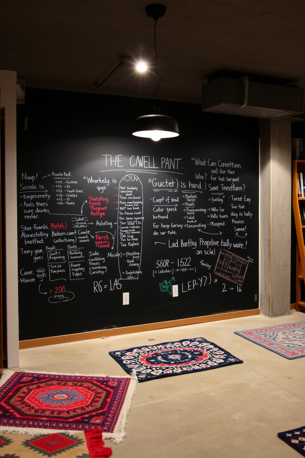 A creative unfinished basement featuring a large chalkboard wall, providing an inspiring space for brainstorming and artistic expression. The room is illuminated by soft pendant lights, and the concrete floor is adorned with colorful area rugs to add warmth and comfort.