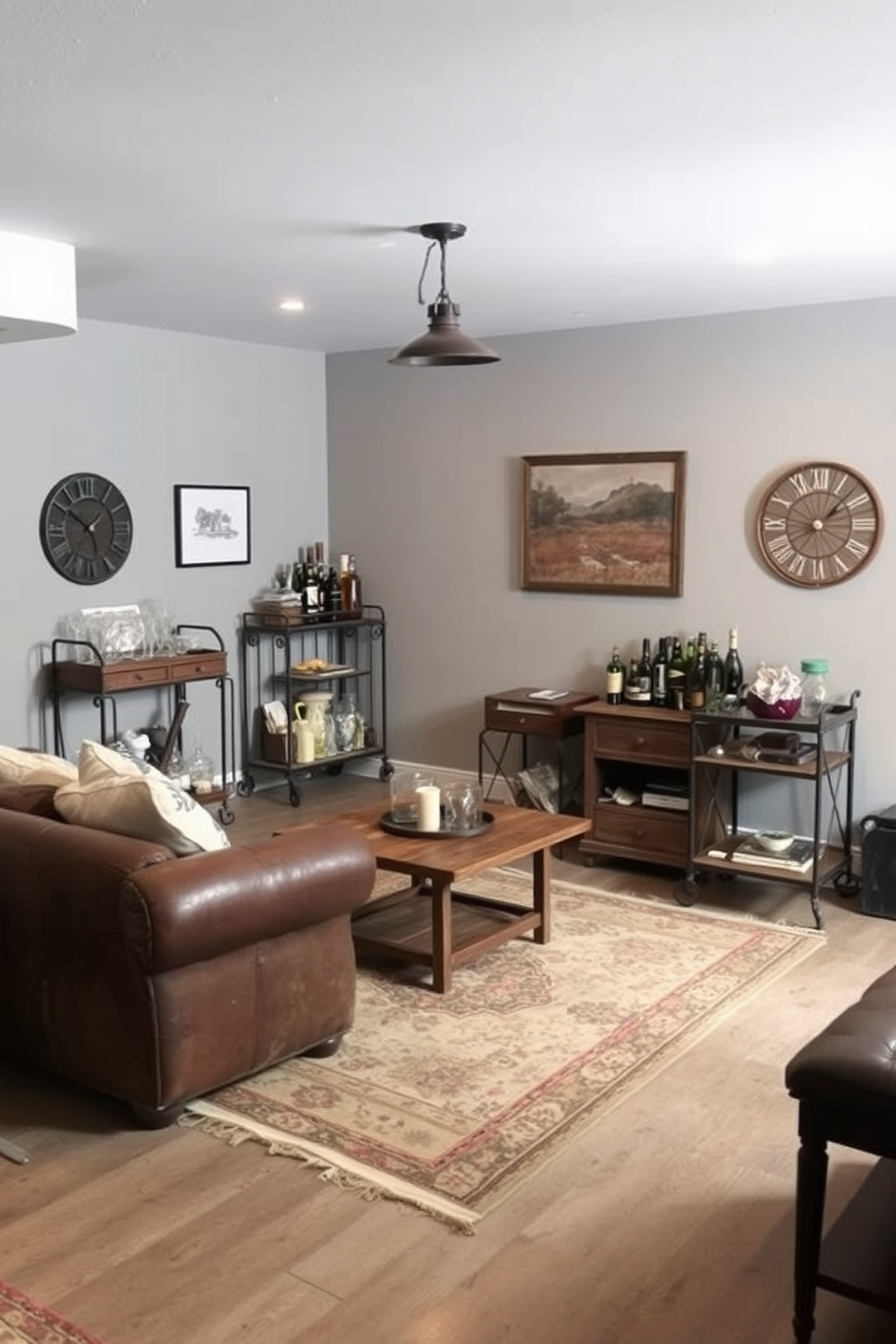 A cozy unfinished basement featuring vintage furniture that adds character. A distressed leather sofa sits against the wall, paired with a reclaimed wood coffee table and an antique rug underfoot. In one corner, a vintage bar cart displays an array of glassware and spirits. The walls are painted in a soft gray, and industrial-style pendant lights hang from the ceiling, creating a warm ambiance.