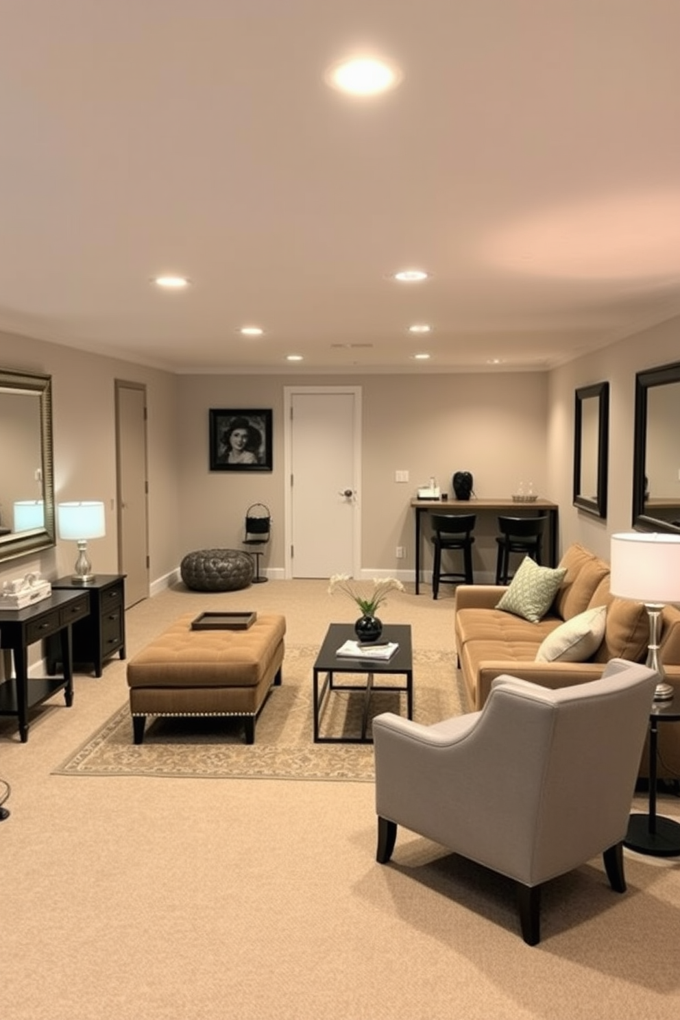 A cozy unfinished basement designed for relaxation and entertainment. The space features soft ambient lighting, with strategically placed mirrors on the walls to reflect light and create an illusion of a larger area. Comfortable seating options include a plush sectional sofa and a couple of accent chairs, all arranged around a stylish coffee table. A small bar area with high stools adds a touch of sophistication, while decorative elements like rugs and artwork bring warmth to the space.