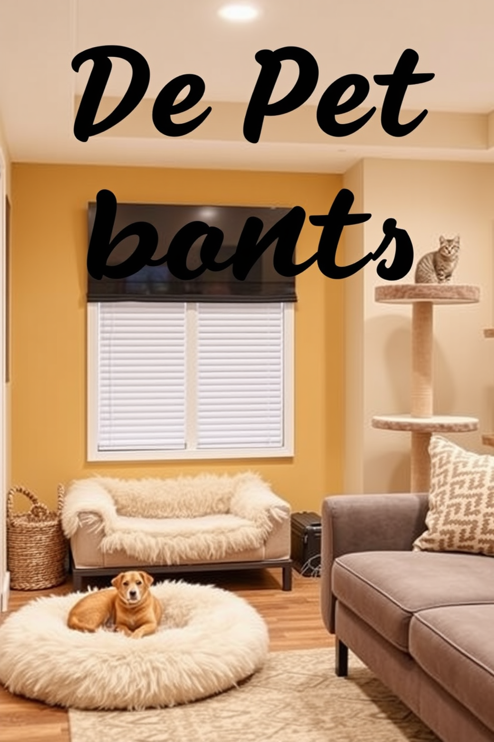 Design a pet corner with cozy beds. Include a plush dog bed and a stylish cat tree in a warm color palette. Unfinished basement design ideas. Create a multifunctional space with a home gym and a cozy lounge area featuring comfortable seating.