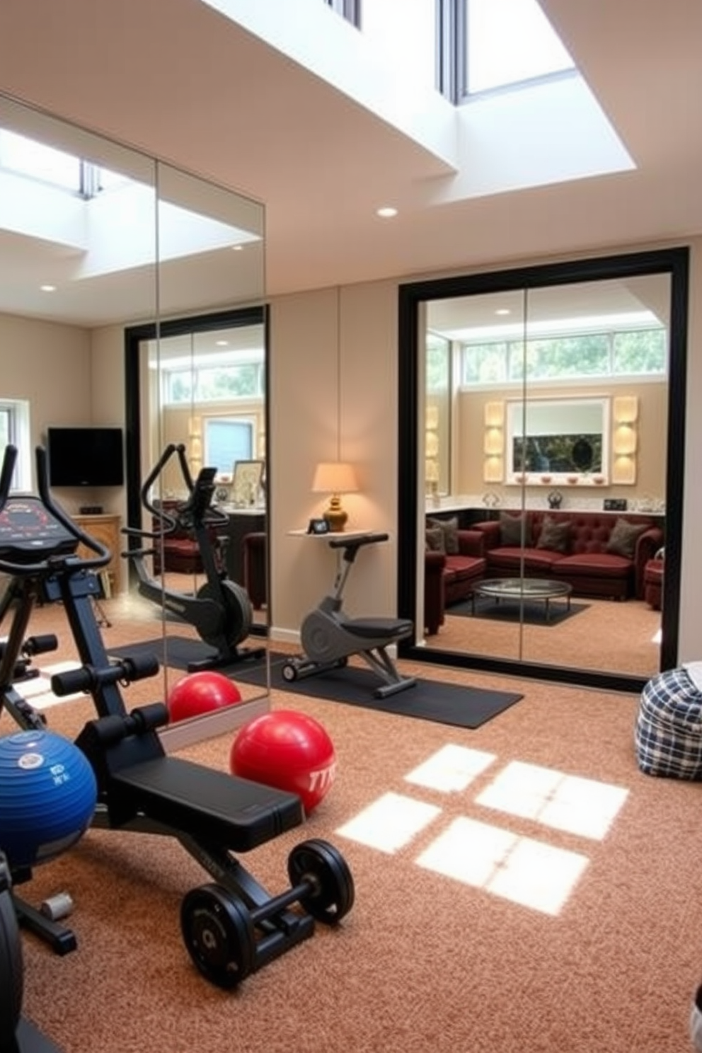 Create a home gym with mirrored walls. The space features a variety of exercise equipment including weights and a yoga mat, with natural light streaming in from large windows. Unfinished basement design ideas should focus on maximizing space and functionality. Incorporate cozy seating areas, a small kitchenette, and ambient lighting to create an inviting atmosphere.