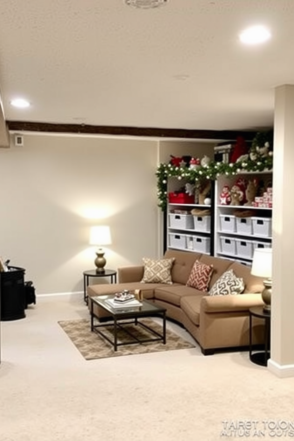 A cozy unfinished basement designed for multifunctional use. The space features a comfortable seating area with a sectional sofa and a coffee table, surrounded by soft lighting from floor lamps. In one corner, a seasonal decor area showcases a rotating display of decorations for different holidays. Shelves hold bins for easy storage of seasonal items, allowing for quick updates throughout the year.