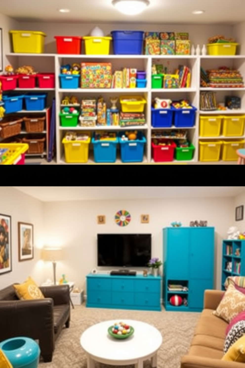 A cozy craft corner with organized storage solutions. There are colorful bins neatly arranged on shelves, and a large work table is covered with various crafting supplies. An unfinished basement transformed into a functional space. The area features exposed beams, soft lighting, and designated zones for relaxation and hobbies.