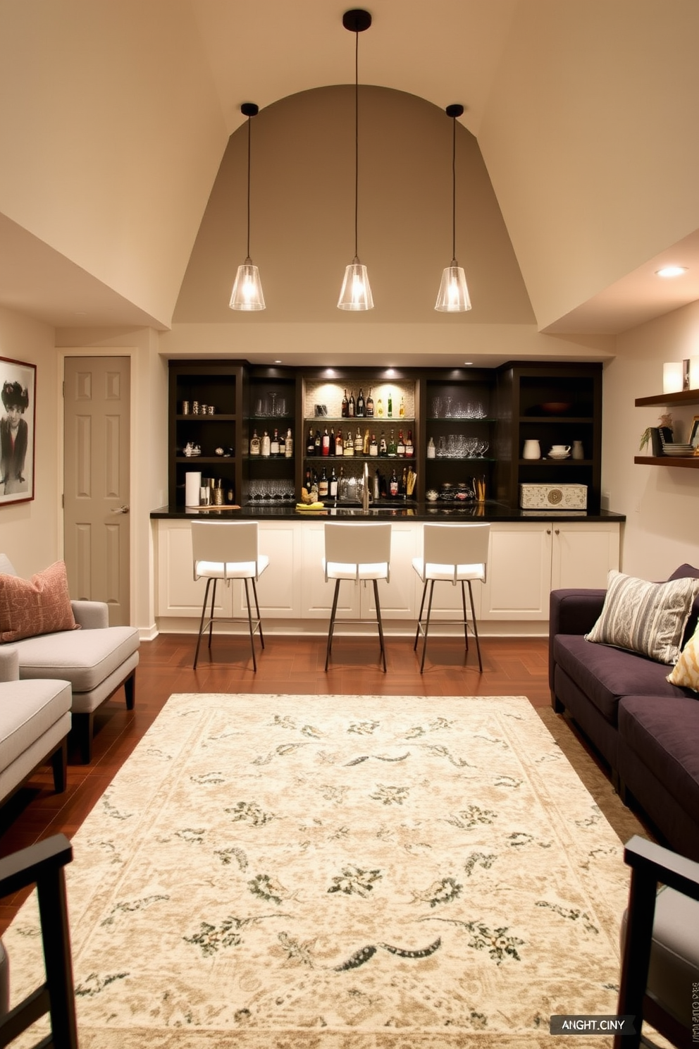 A stylish wet bar designed for entertaining guests features a sleek countertop made of dark granite with modern bar stools arranged around it. Behind the bar, custom cabinetry displays an array of spirits and glassware, while pendant lighting creates a warm ambiance. For an unfinished basement design, envision a cozy lounge area with plush seating and a large area rug to define the space. Incorporate soft lighting and wall-mounted shelves to showcase decor, making the basement inviting and functional.