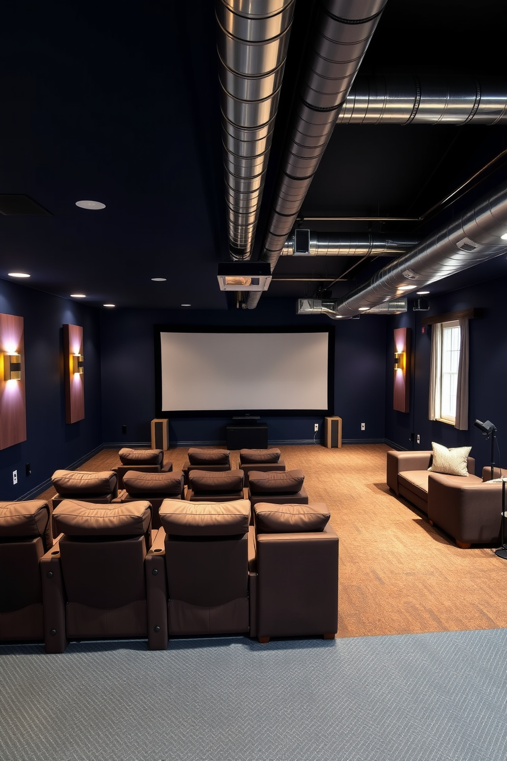 A cozy movie theater experience. The room features plush reclining seats arranged in a staggered layout, with soft ambient lighting illuminating the space. The walls are painted in a deep navy blue, creating a cinematic atmosphere. A large screen is mounted on the front wall, with soundproofing panels adding to the acoustics. Unfinished basement design ideas. The space is divided into functional areas, including a home gym with rubber flooring and a cozy lounge area with comfortable seating. Exposed beams and ductwork add character to the industrial feel. Large windows are framed with sheer curtains, allowing natural light to filter in while maintaining privacy.