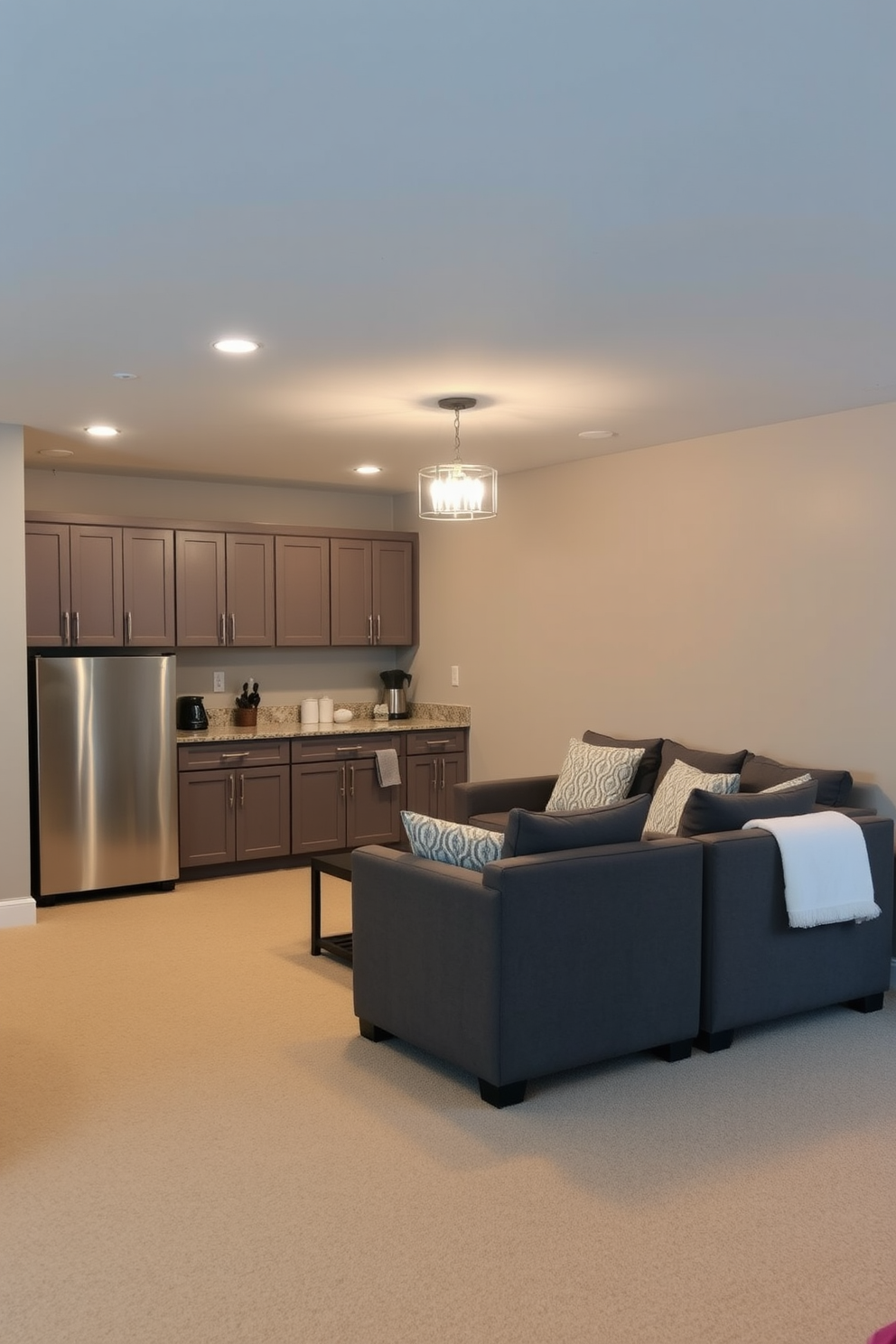 A cozy unfinished basement designed as a multifunctional space. The kitchenette features sleek cabinetry with a compact refrigerator and a small sink, perfect for entertaining. The walls are painted in a soft gray tone, creating a warm atmosphere. Comfortable seating is arranged around a coffee table, complemented by ambient lighting fixtures hanging from the ceiling.