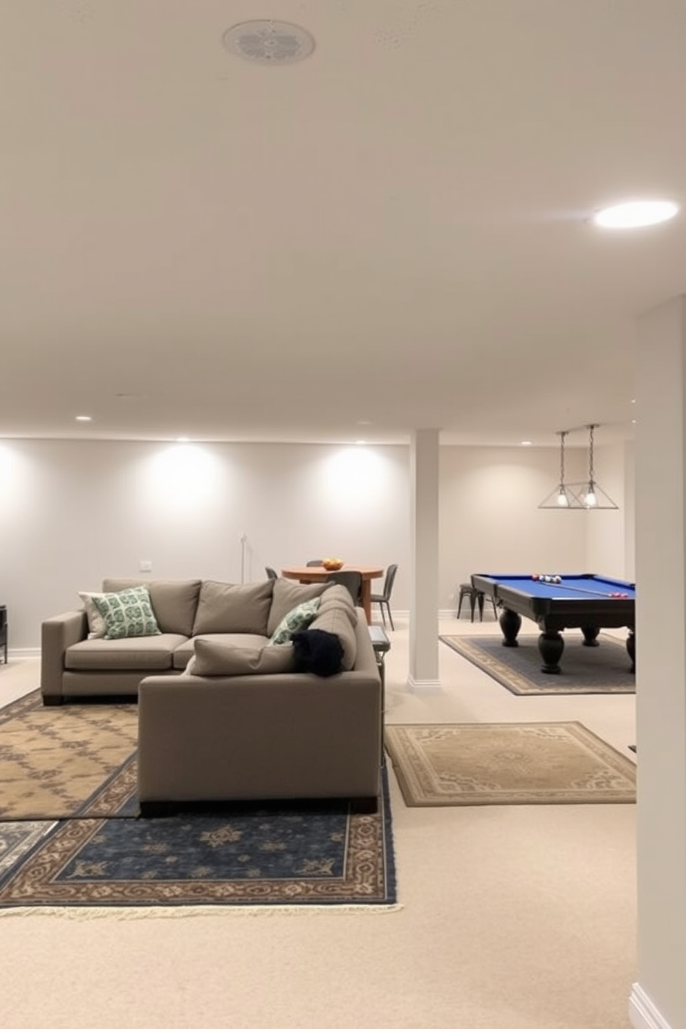 A cozy unfinished basement transformed into a functional living space. There are area rugs strategically placed to define different zones, such as a lounge area with a sectional sofa and a game area with a pool table. Soft ambient lighting illuminates the space, creating a warm and inviting atmosphere. The walls are painted in a light neutral color, and exposed beams add character to the ceiling.