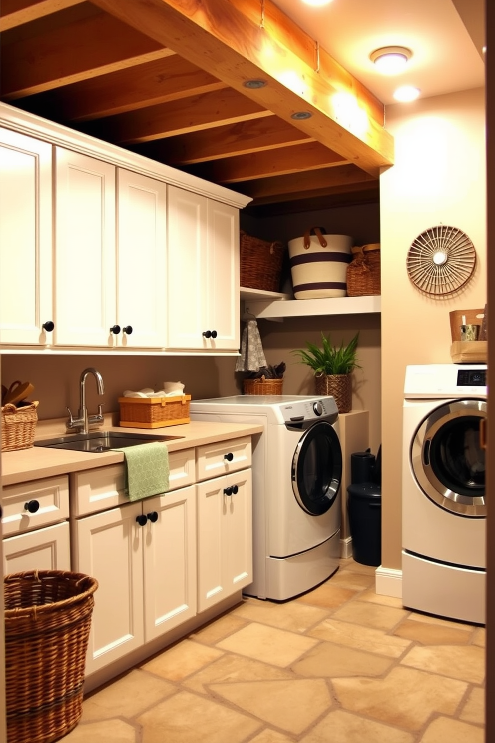 Create a cozy and functional unfinished basement laundry area. Incorporate built-in cabinets with a clean white finish for storage, and add a countertop for folding clothes next to the washer and dryer. Use warm lighting to enhance the inviting atmosphere, and consider a durable, easy-to-clean flooring option. Add decorative elements like baskets and plants to bring life to the space while maintaining its practicality.