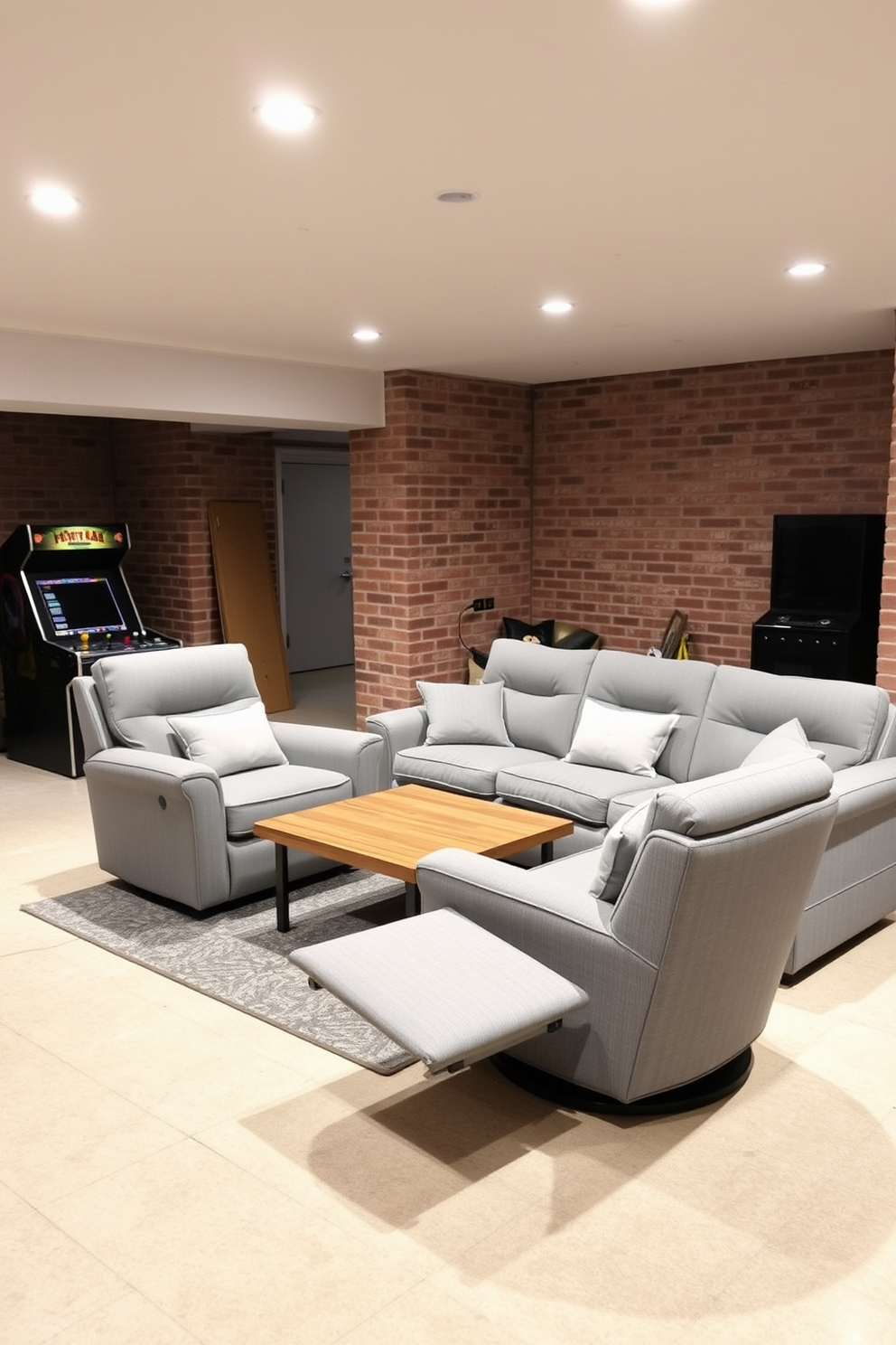 Recliner chairs for relaxation area. The chairs are upholstered in soft gray fabric with plush cushions, positioned around a low wooden coffee table. Unfinished Basement Man Cave Design Ideas. The space features exposed brick walls and a large sectional sofa, complemented by a vintage arcade game in one corner.