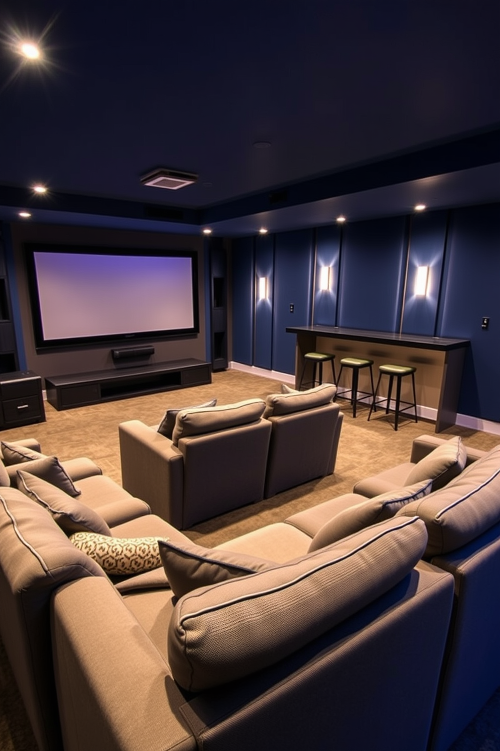 A cozy unfinished basement man cave designed for movie nights features plush seating arranged in a semi-circle facing a large screen. The walls are adorned with soundproofing panels in deep blue, enhancing the acoustics while creating a cinematic atmosphere. In the corner, a stylish bar area is equipped with high stools and a sleek countertop, perfect for entertaining guests. Ambient lighting is strategically placed to create a warm and inviting space, making it ideal for relaxation and enjoyment.