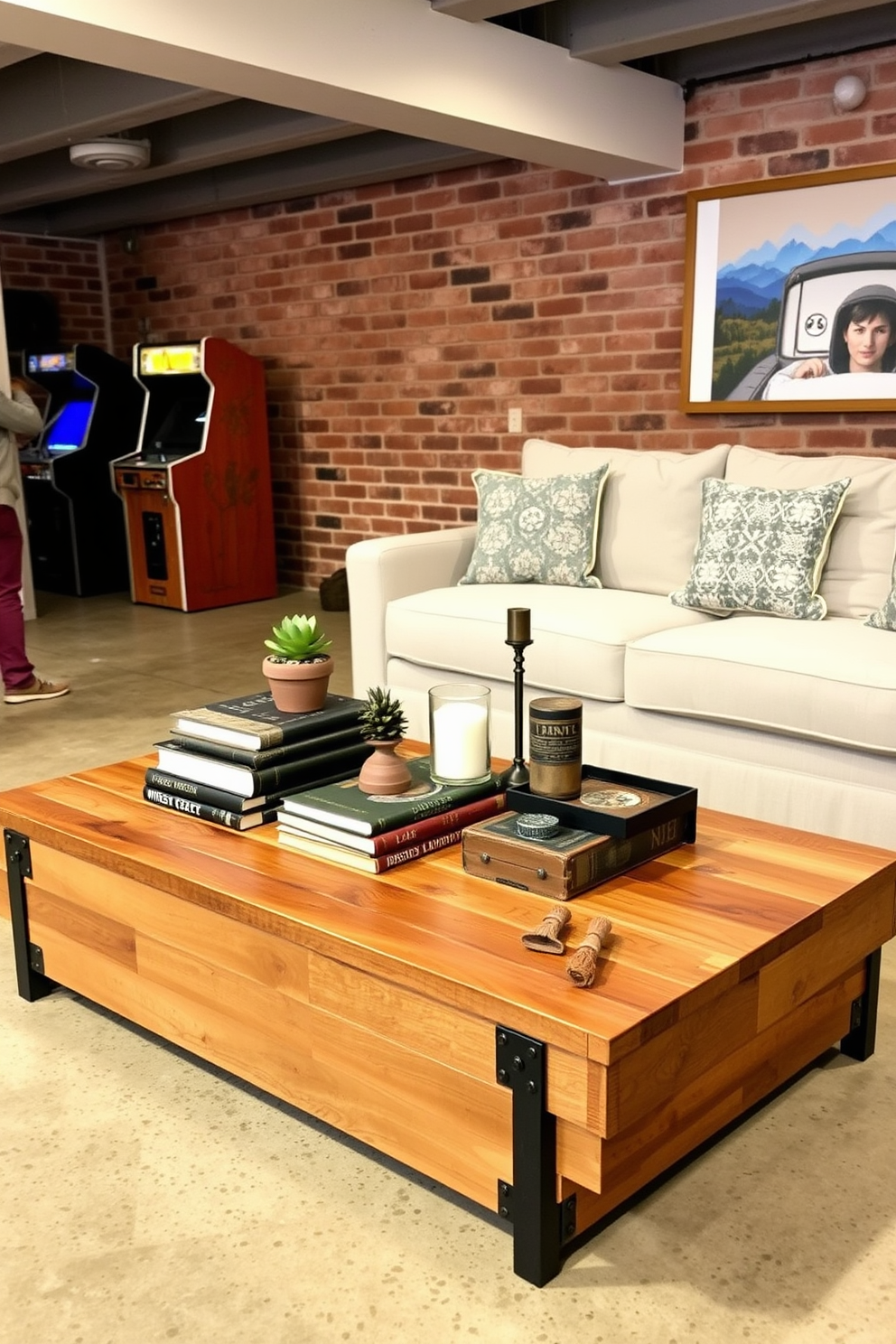 A striking industrial style coffee table centerpiece featuring a reclaimed wood base with metal accents. On top, a collection of vintage books, a small potted succulent, and a rustic candle holder create a curated yet casual look. For the unfinished basement man cave design, envision a cozy space with exposed brick walls and concrete flooring. Incorporate a large sectional sofa, a vintage arcade game, and ambient lighting to create a welcoming atmosphere for relaxation and entertainment.