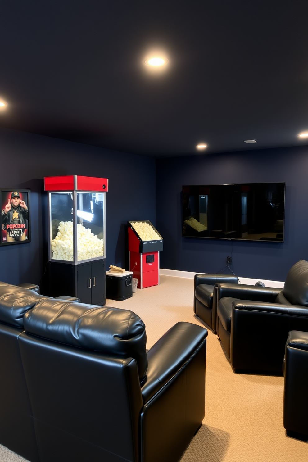 A cozy unfinished basement transformed into a man cave features a vintage popcorn machine that adds a movie theater vibe. The walls are painted in a deep navy blue, and plush leather seating is arranged around a large flat-screen TV for an immersive viewing experience.