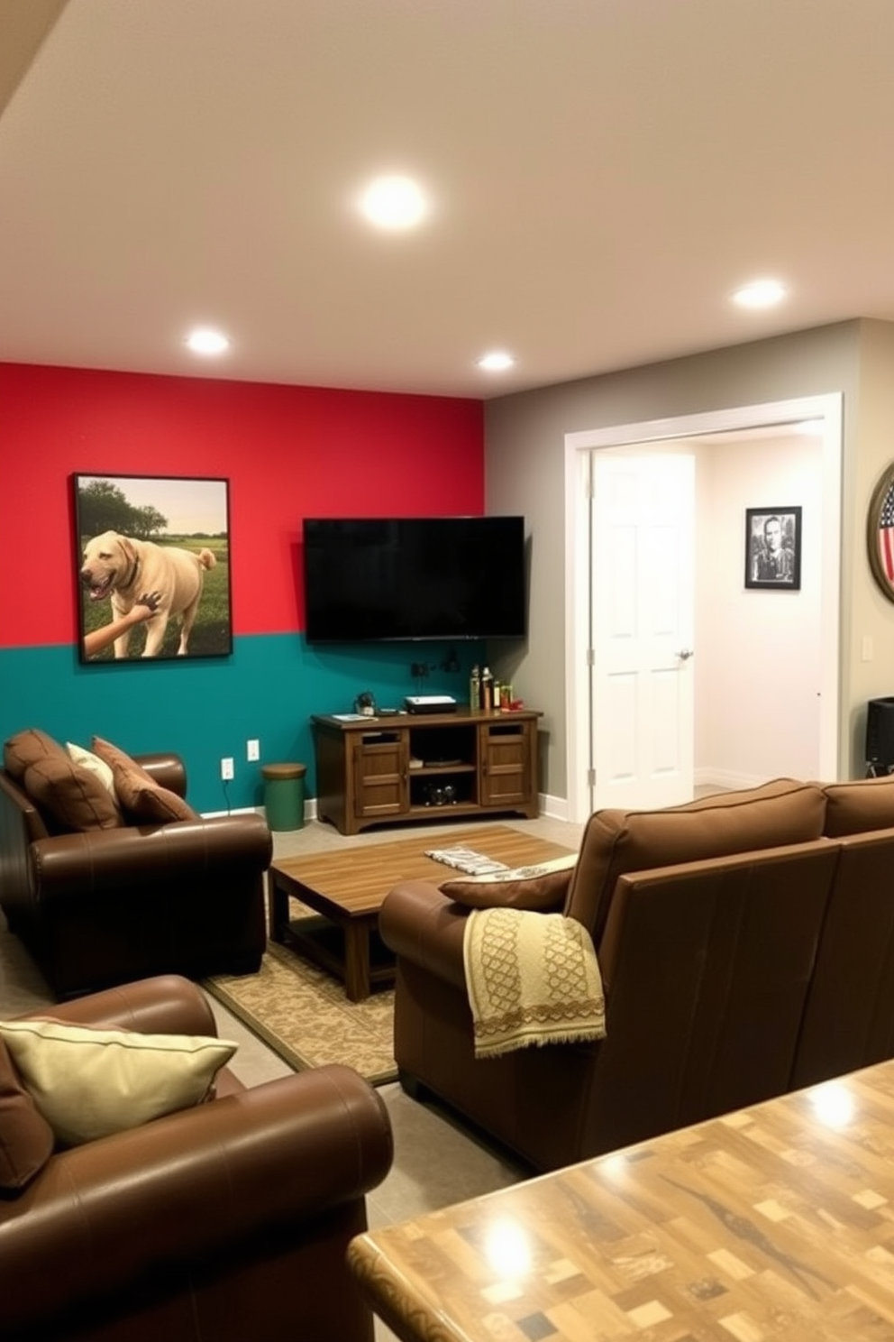 A painted accent wall features bold colors that create a striking focal point in the room. The vibrant hues enhance the overall atmosphere, making the space feel lively and inviting. The unfinished basement is transformed into a man cave with rustic elements and modern comforts. Cozy seating arrangements, a large screen for entertainment, and a bar area make it the perfect retreat for relaxation and fun.